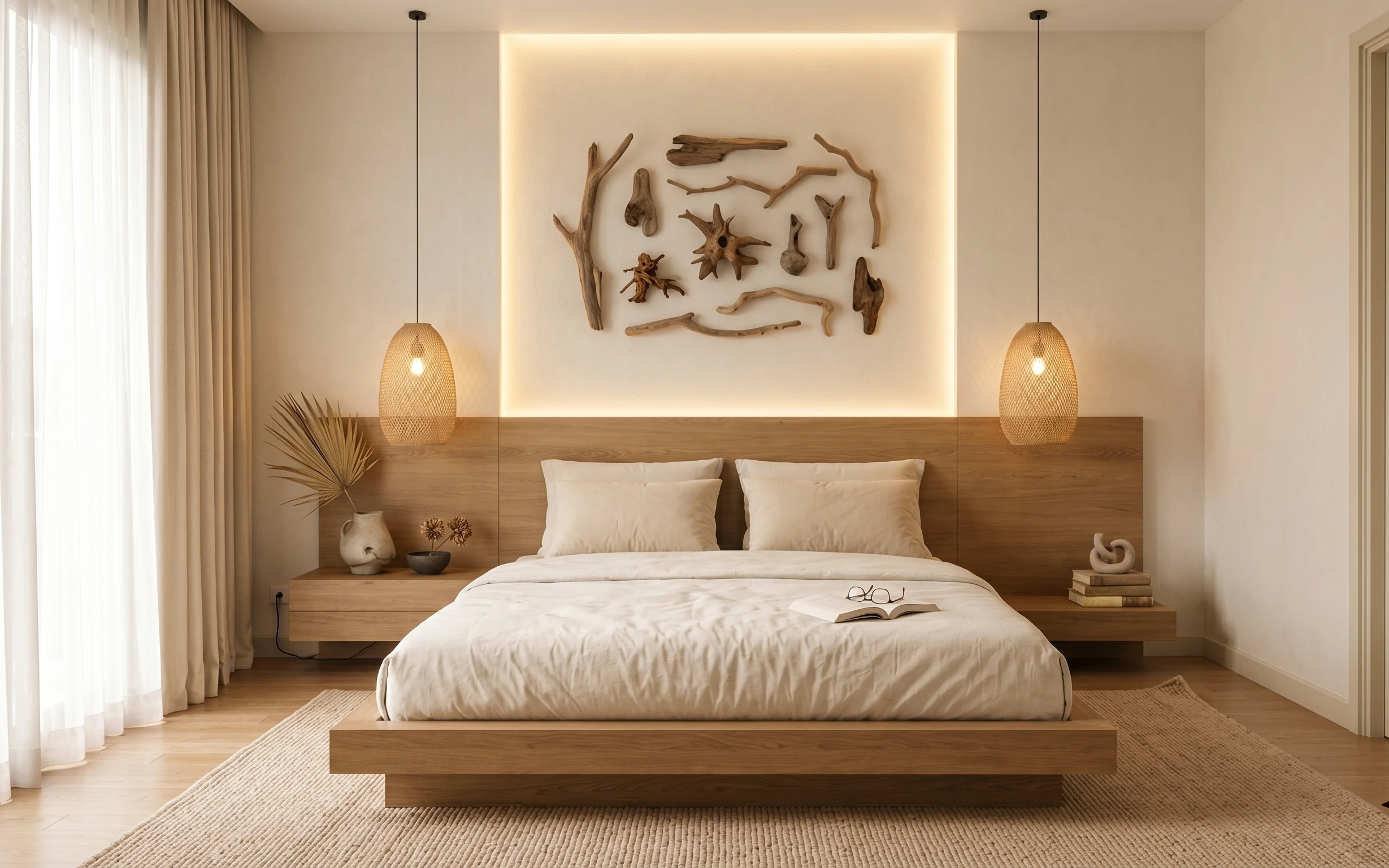 Platform bed bedroom with beige curtains, woven pendant lights, driftwood wall art, and a large woven rug