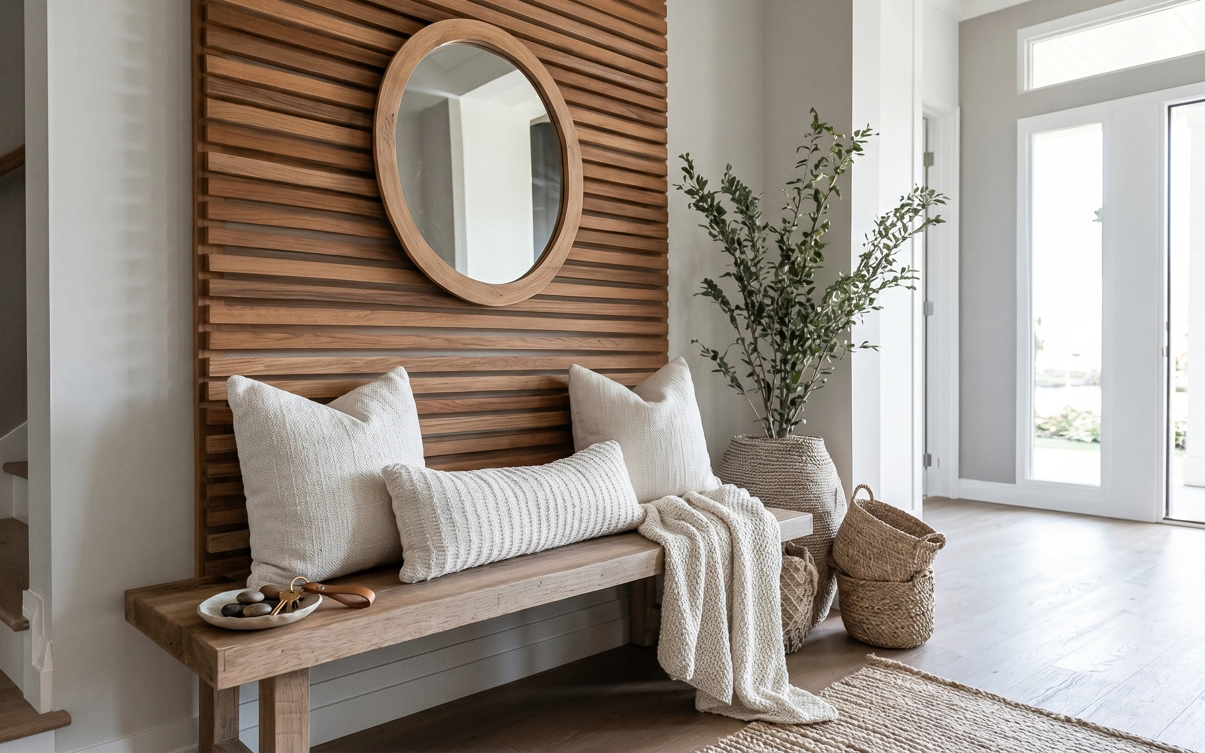 Window seat nook with cream pillows and throw, oval wood-framed mirror, and tall plant in woven pot