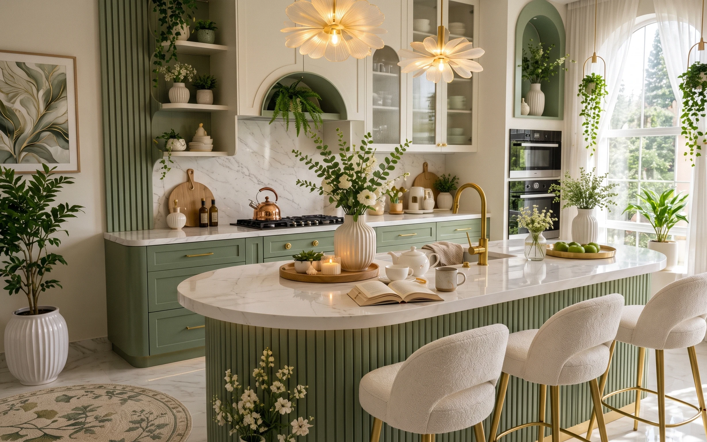 Bright kitchen dining nook with botanical art, sage tones, marble island styling, plants, and sheer white curtains
