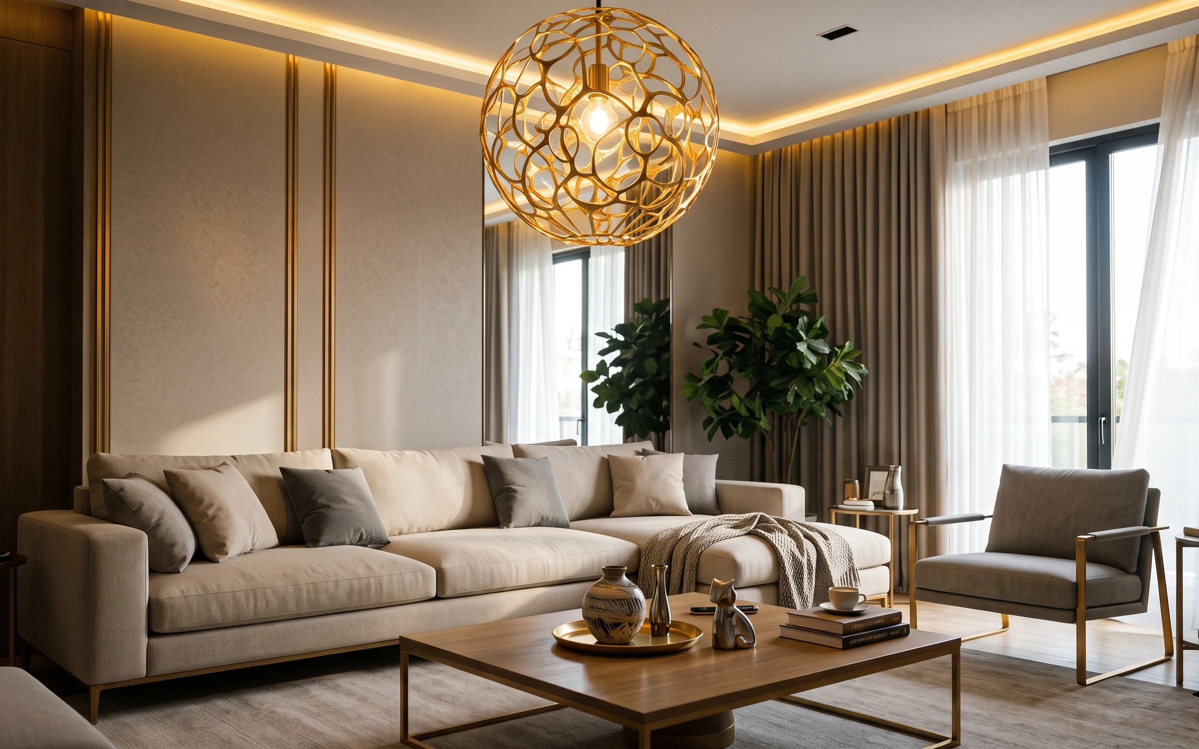 Warm modern living room with cream sofa, brown curtains, off-white rug, and gold globe pendant light