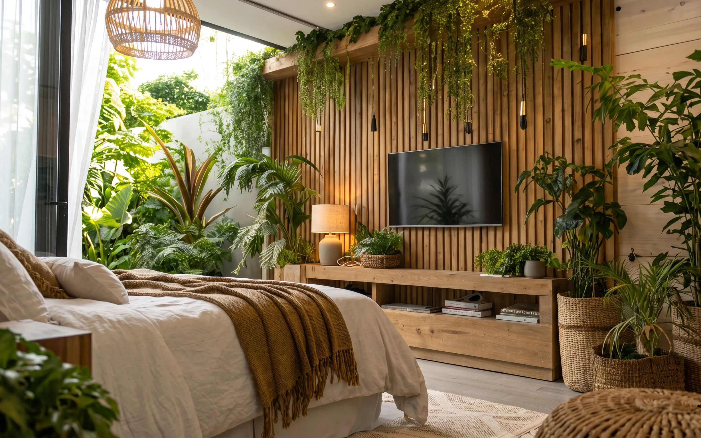 Plant-filled bedroom with white bedding, mustard throw, woven rug, rattan pendant, and plug-in table lamp