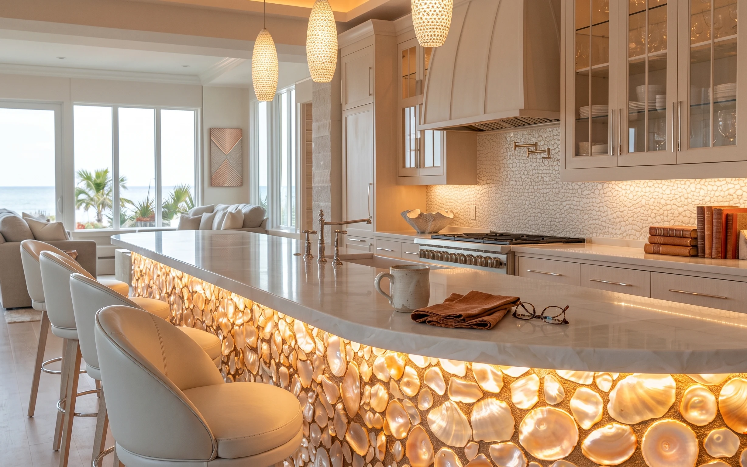 Warm kitchen with island seating, stone-pattern backsplash, framed wall art, and light upholstered bar stools
