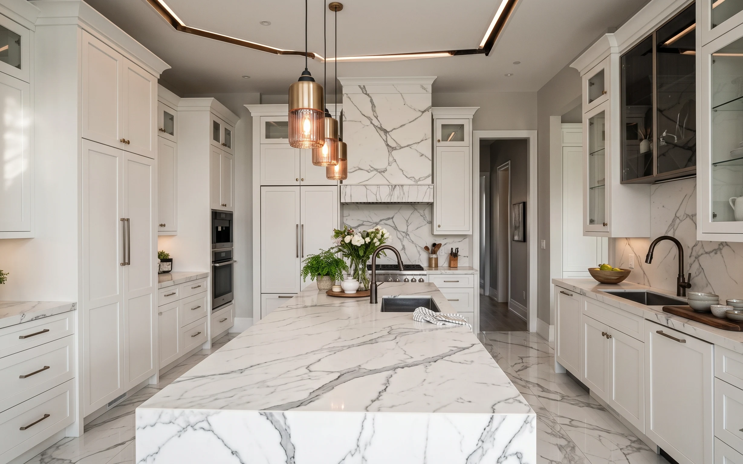 White marble-look kitchen with brass pendant lights, flower vase on the island, framed wall art, and countertop ceramics