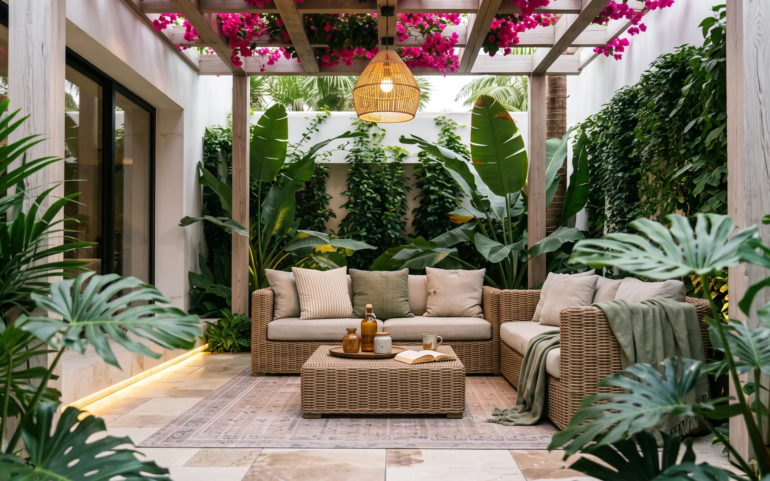 Tropical patio lounge with rattan pendant, wicker seating, patterned rug, and leafy plants framed by wood beams and pink blooms.