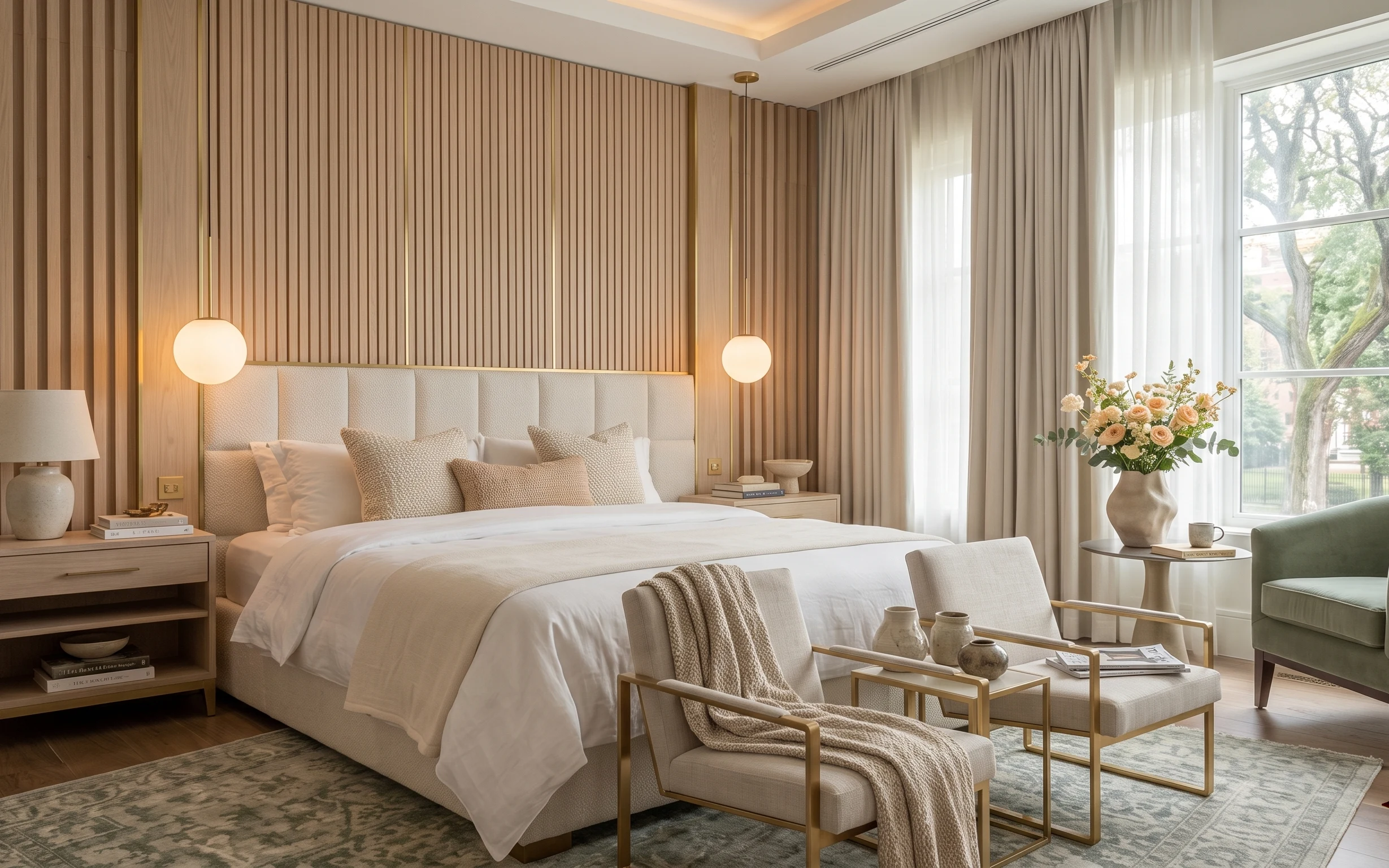 Warm japandi bedroom with cream bedding, wood-slat wall, beige curtains, table lamps, and a patterned area rug