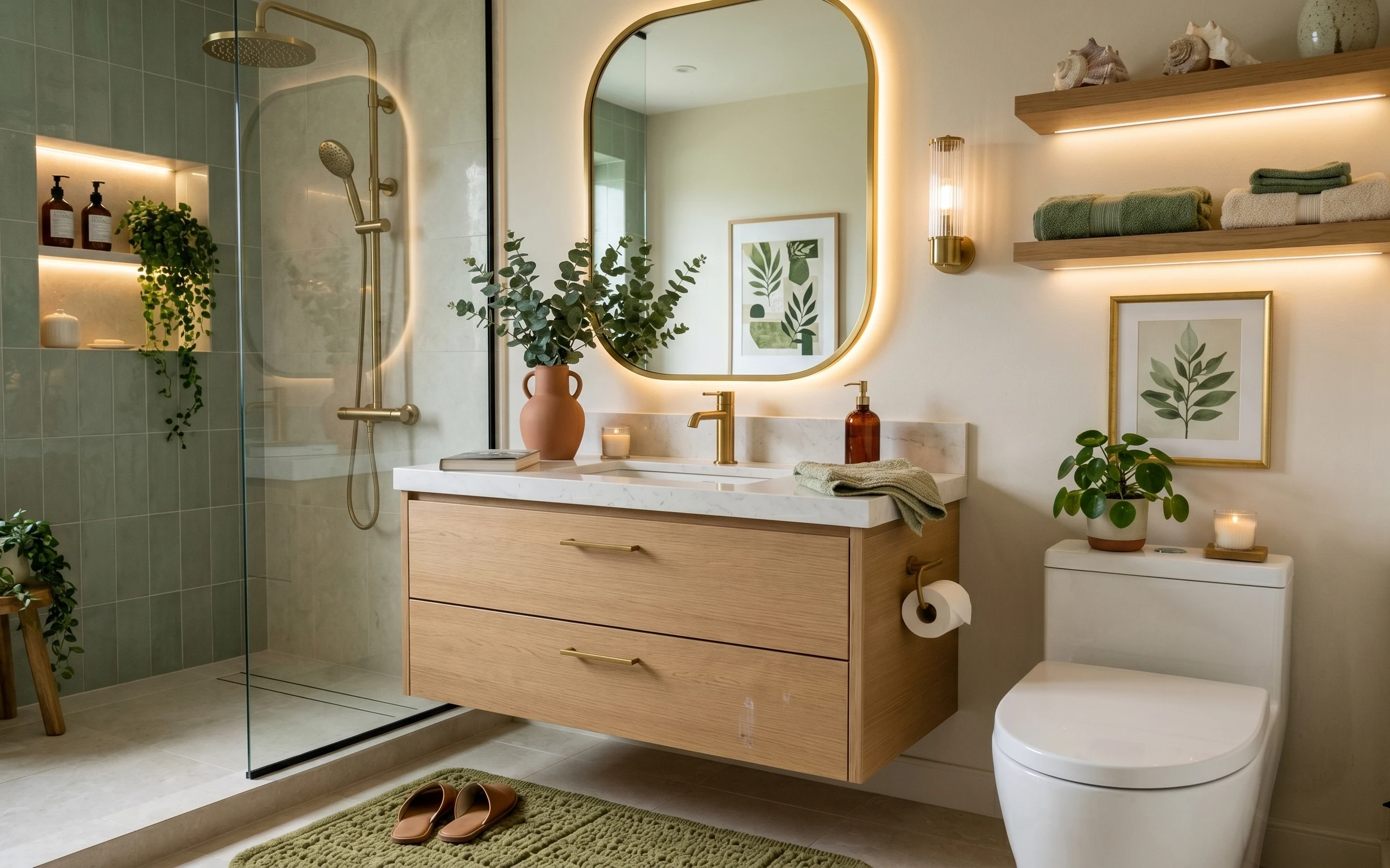 Bright bathroom vanity with sage towels, candles, terracotta plant vase, framed botanical art, and an arched mirror