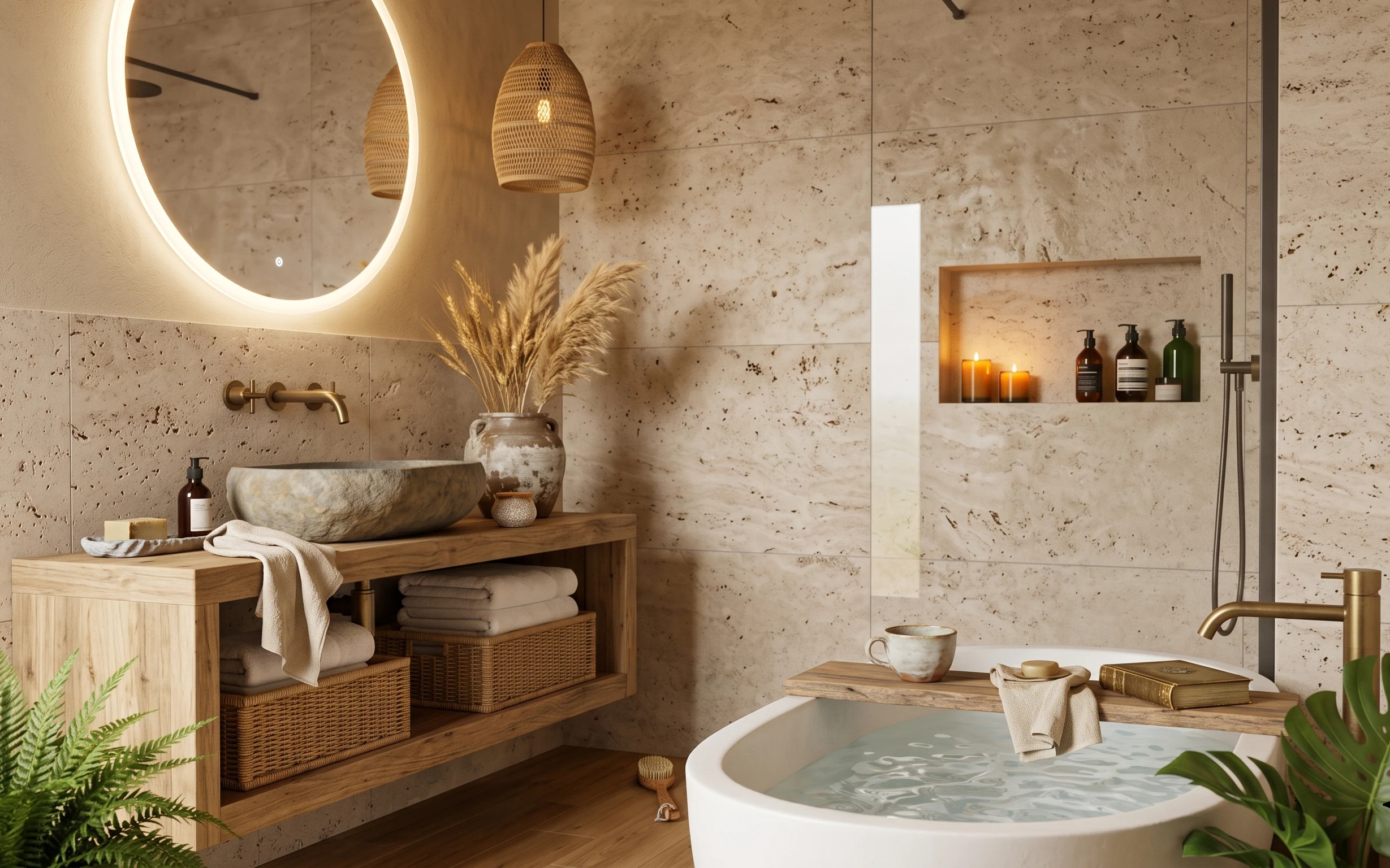 Warm spa bathroom with round mirror, wood bench towels, pampas vase, candles on shelf, and tub ledge tray