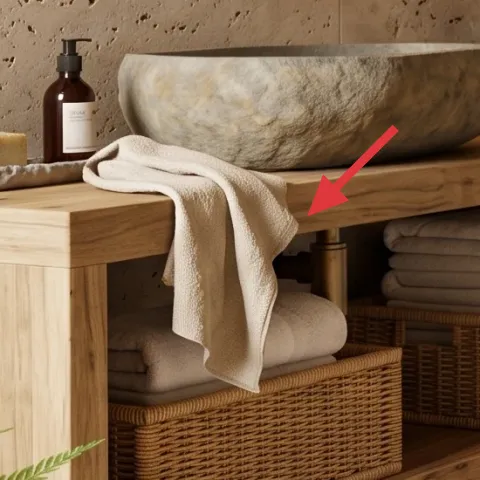 beige woven throw draped over the storage bench
