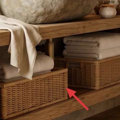 woven storage baskets beneath the folded towels
