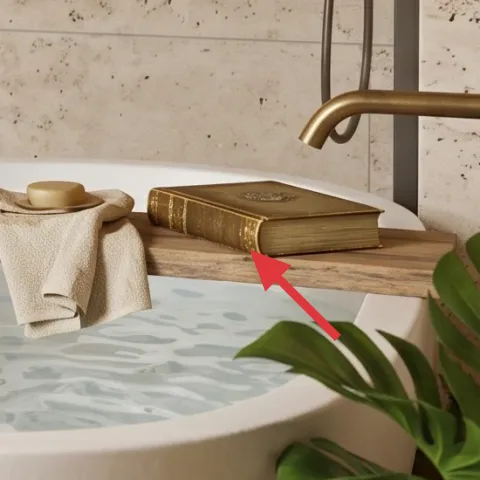 wooden tray on the tub ledge