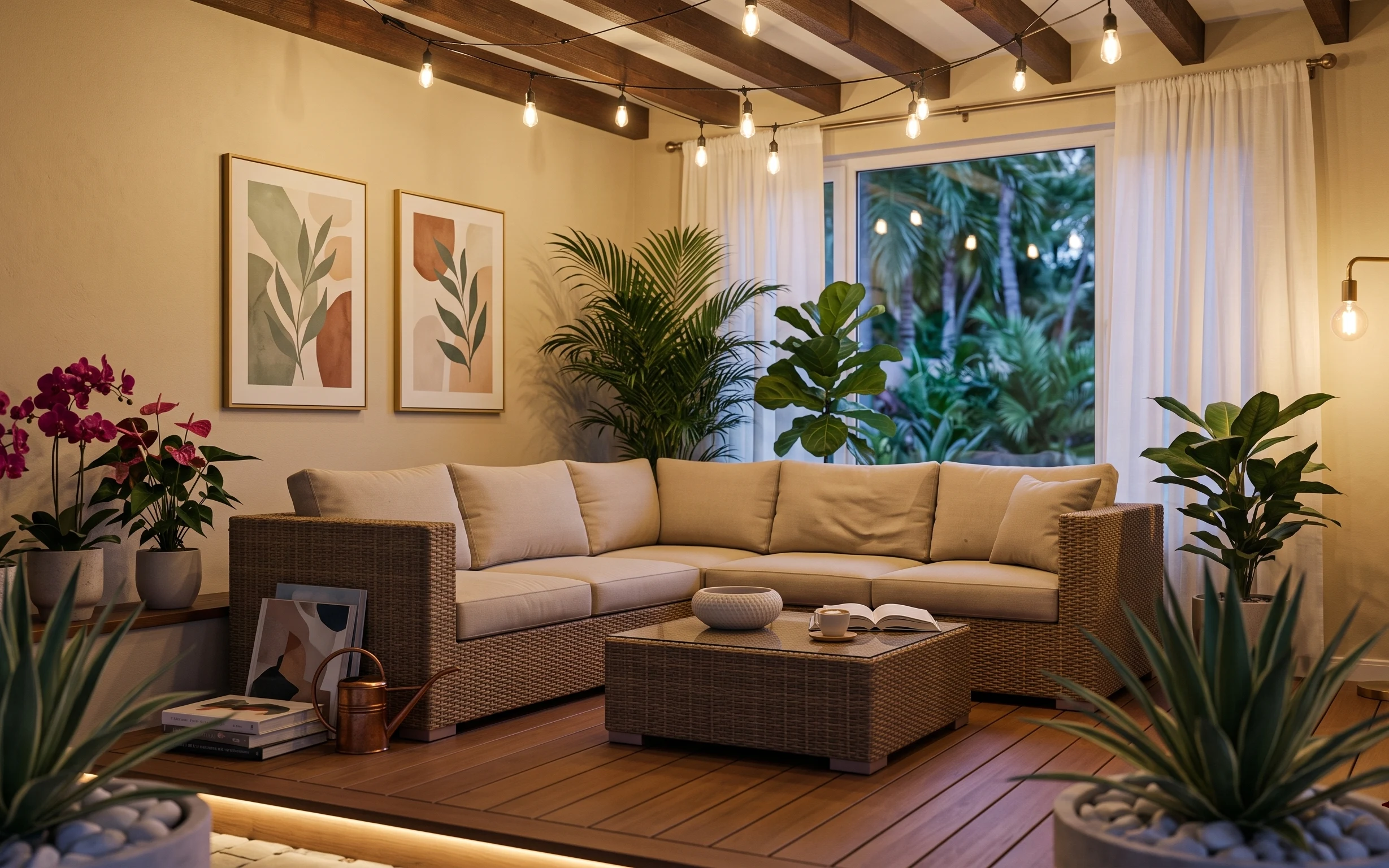 Warm sofa lounge with wicker seating, sheer curtains, framed botanicals, brass floor lamp, string lights, and leafy plants