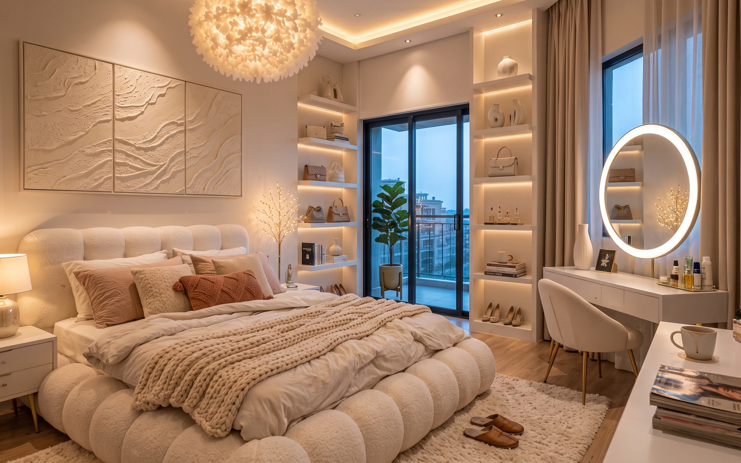 Warm beige bedroom with tufted bed, taupe curtains, glowing round vanity mirror, framed textured triptych, and built-in shelves