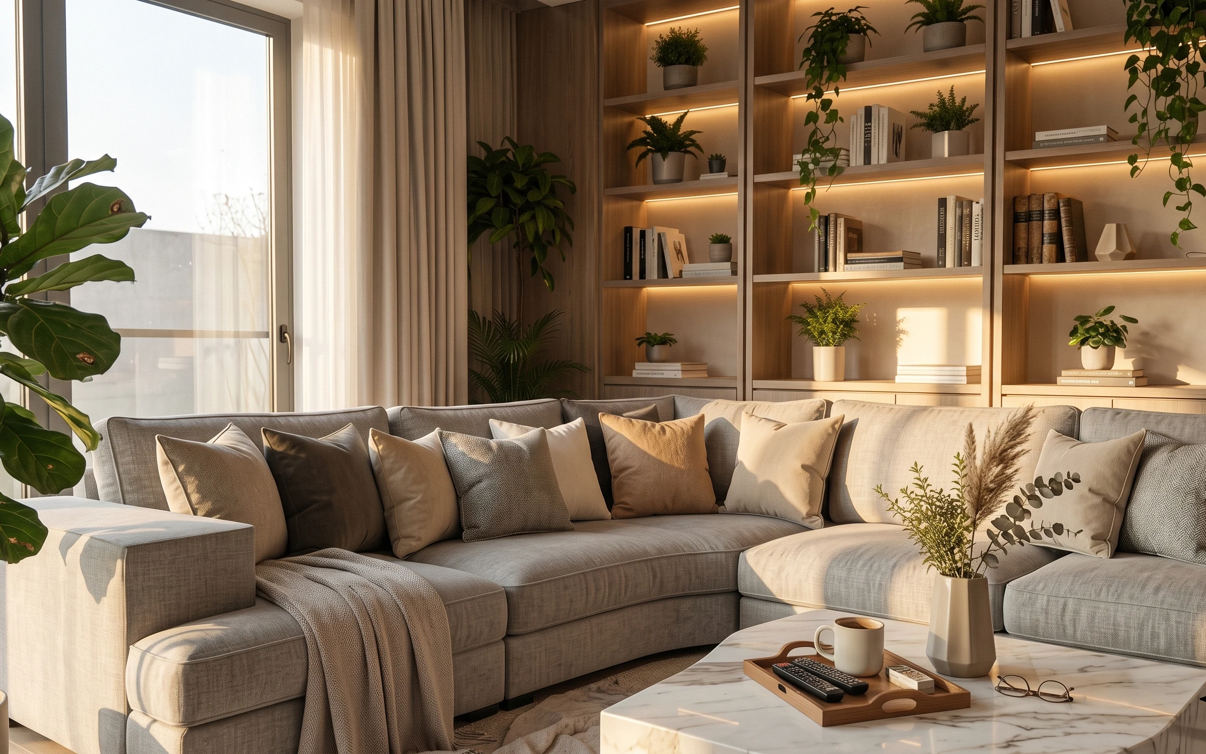 Warm gray sofa with knit throw, layered pillows, marble coffee table, wood tray, white vase, and potted plants in lit shelving