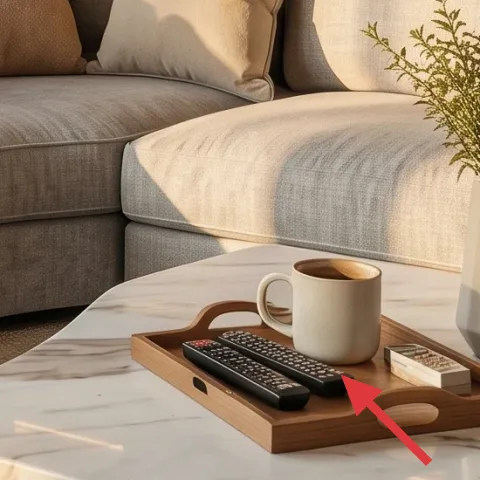 wood tray on marble coffee table