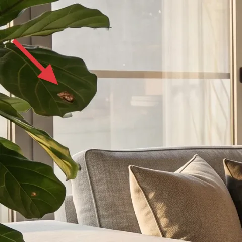 large broad-leaf potted plant on left