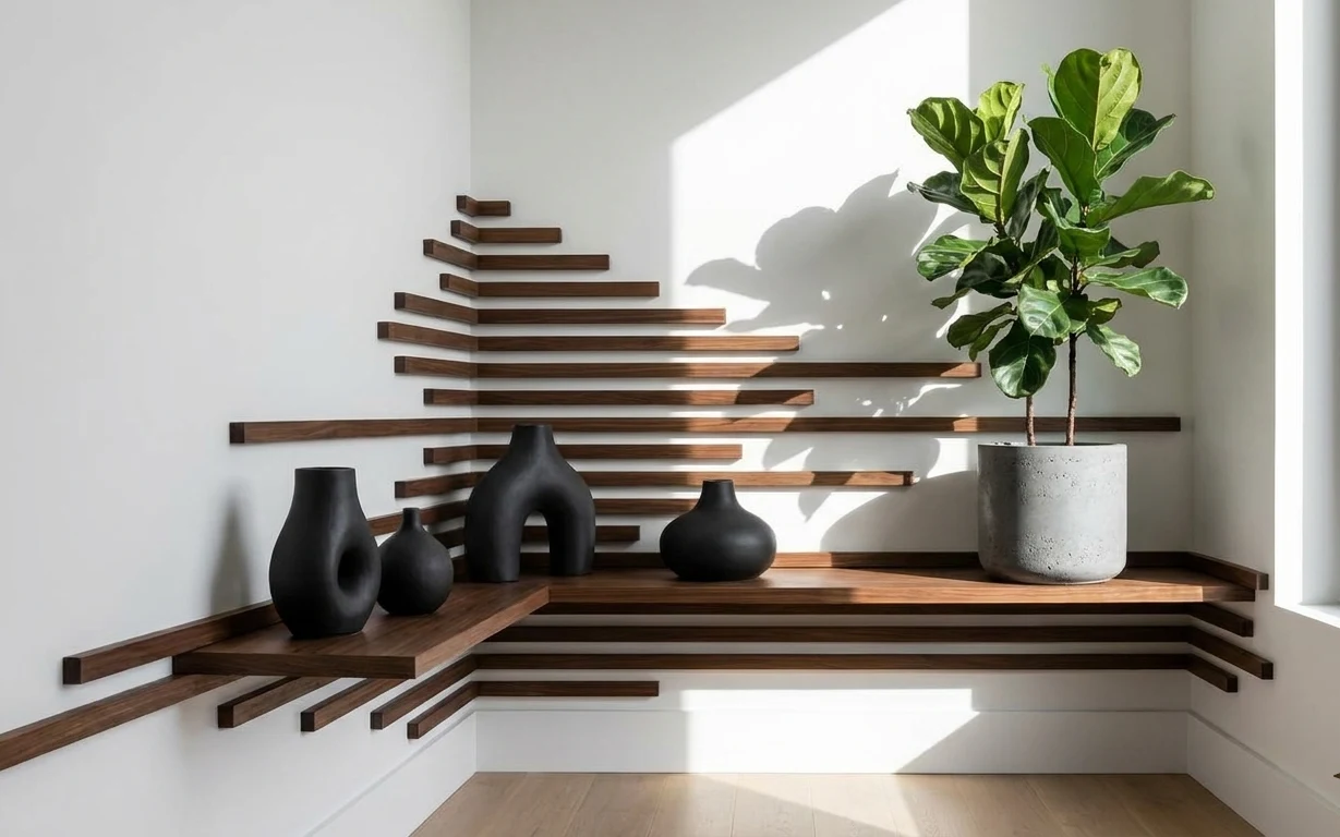 Walnut slat shelf by a window holding three matte black vases, a speckled concrete planter, and a leafy green plant