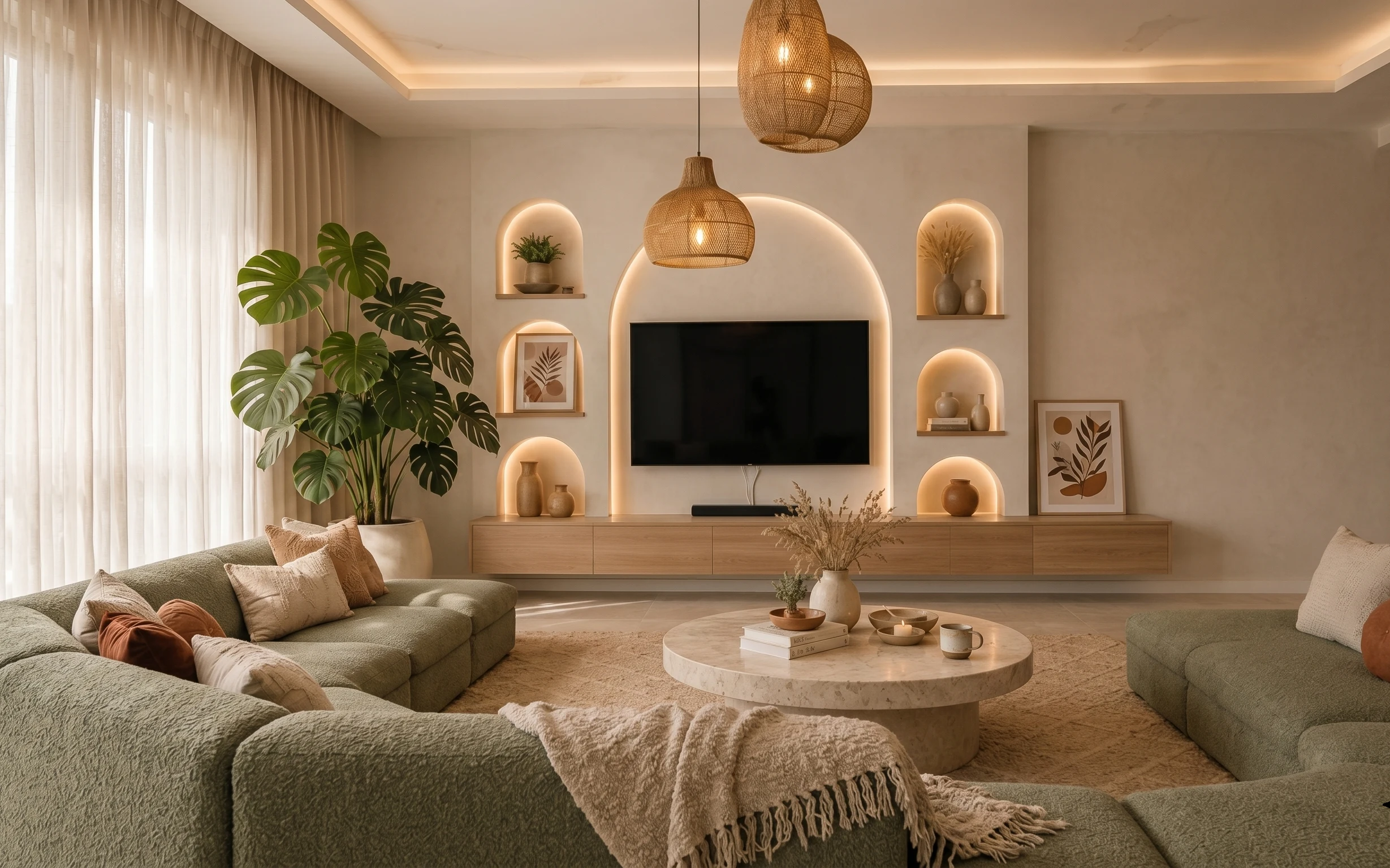 Warm boho living room with green sofas, sheer curtains, marble coffee table styling, and a large potted monstera