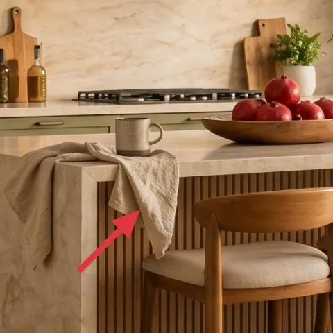 beige throw blanket draped over the island front