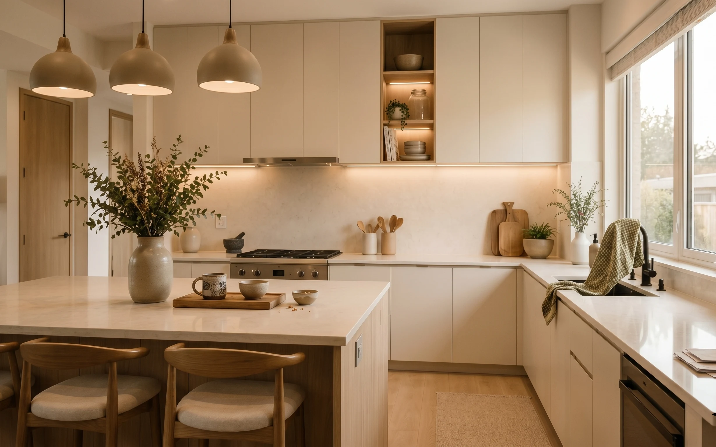 Bright modern kitchen peninsula with bar stools, warm wood, ceramic vase with greenery, and a small rug