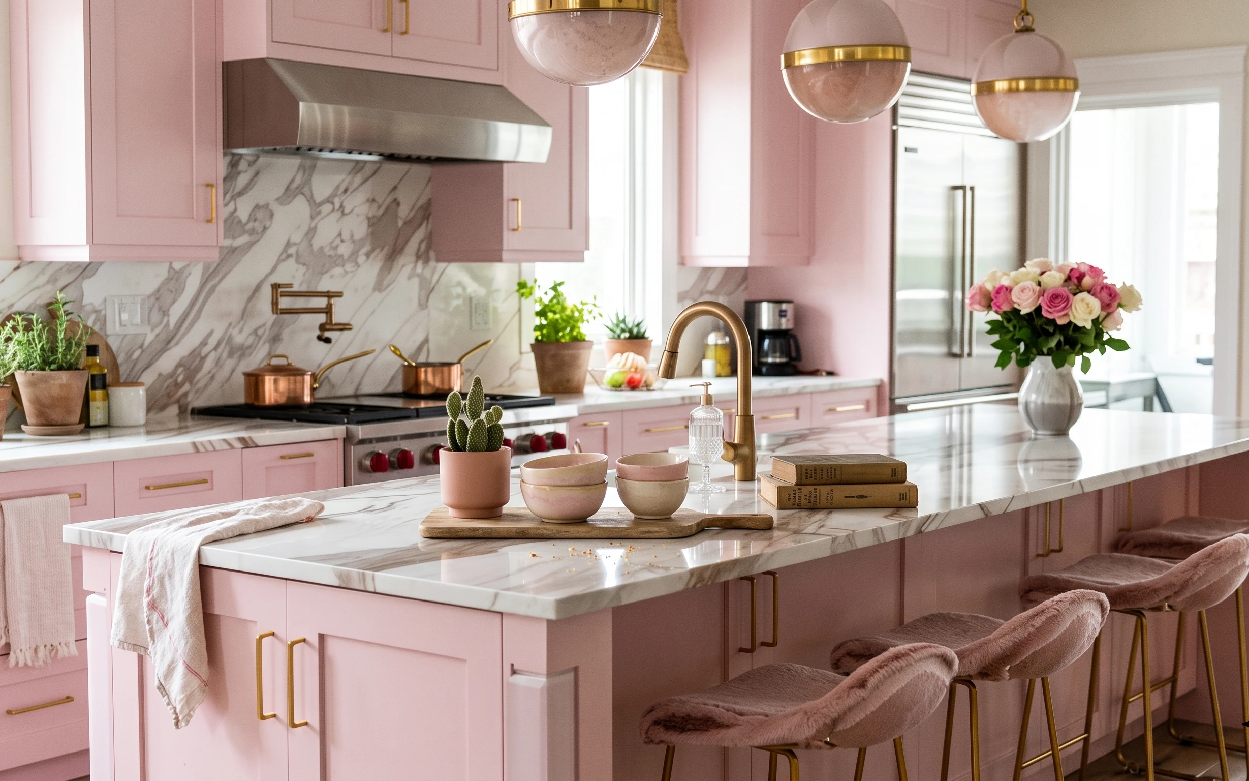 Blush pink kitchen with marble-look backsplash, styled counter tray, terracotta cactus, roses vase, and brass pendant lights