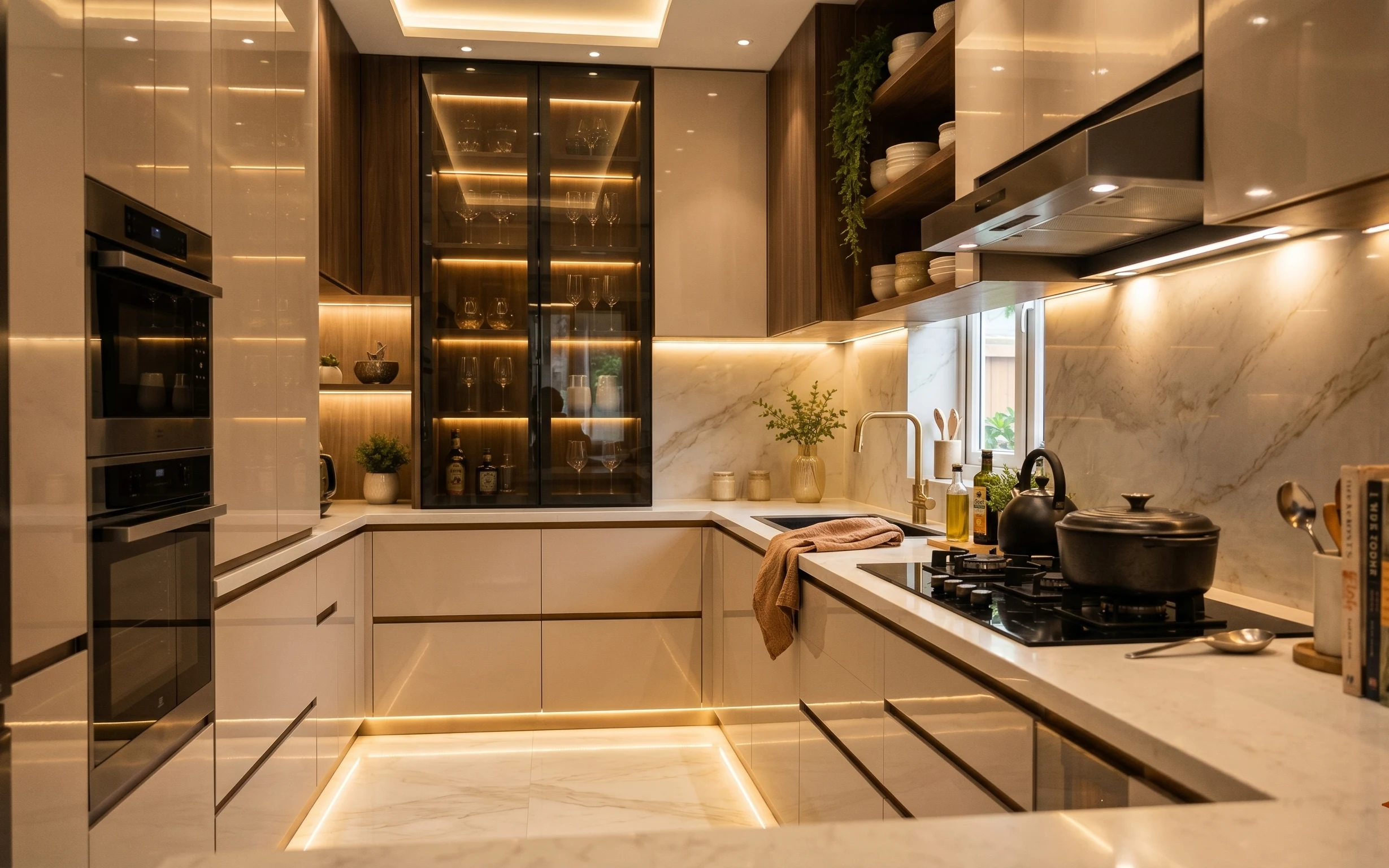 Warm marble kitchen galley with under-cabinet lighting, glass-front cabinet, countertop plants and styling objects