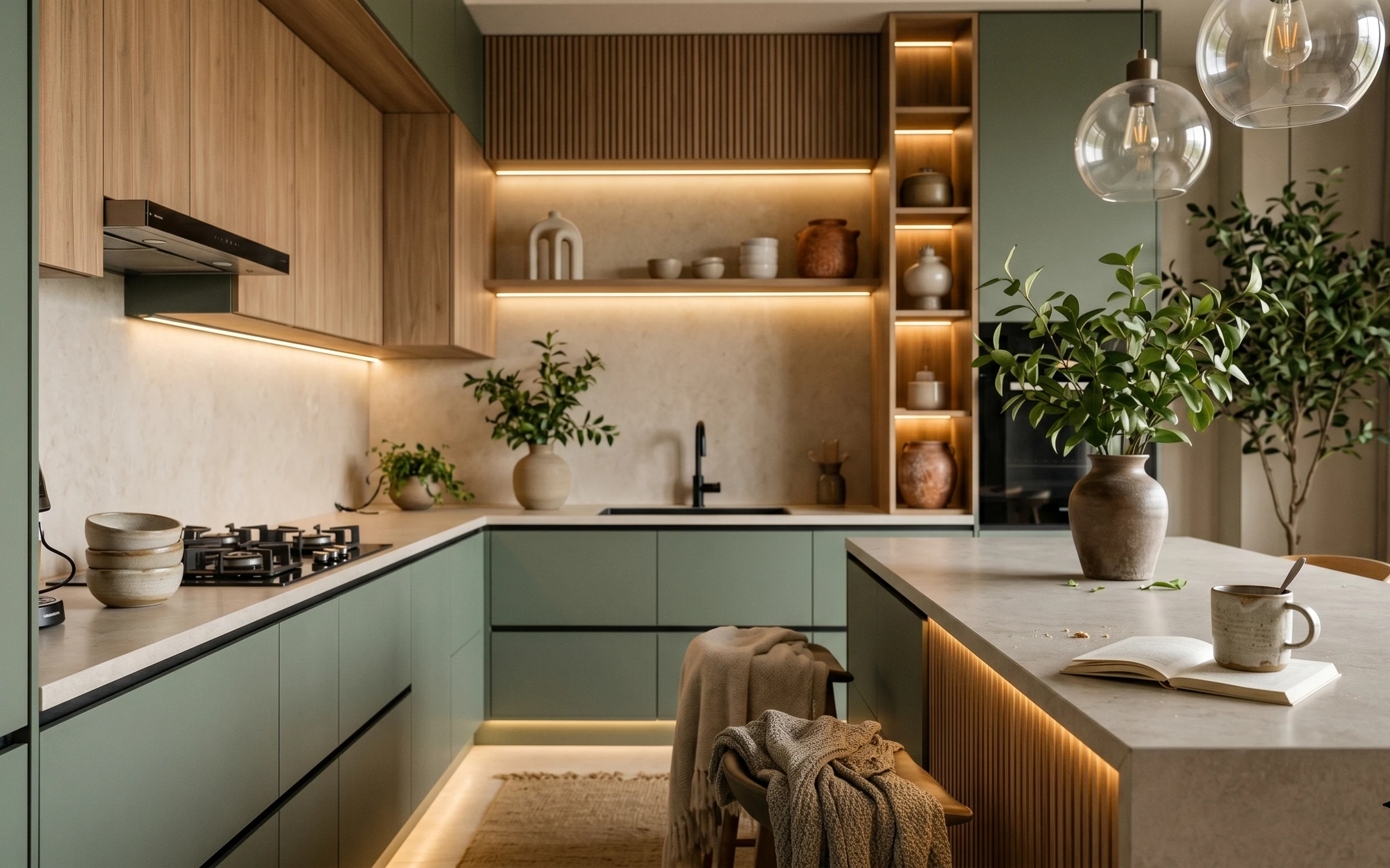 Sage and warm-wood kitchen with marble island, beige rug, knit throw, and ceramic vase with leafy plant