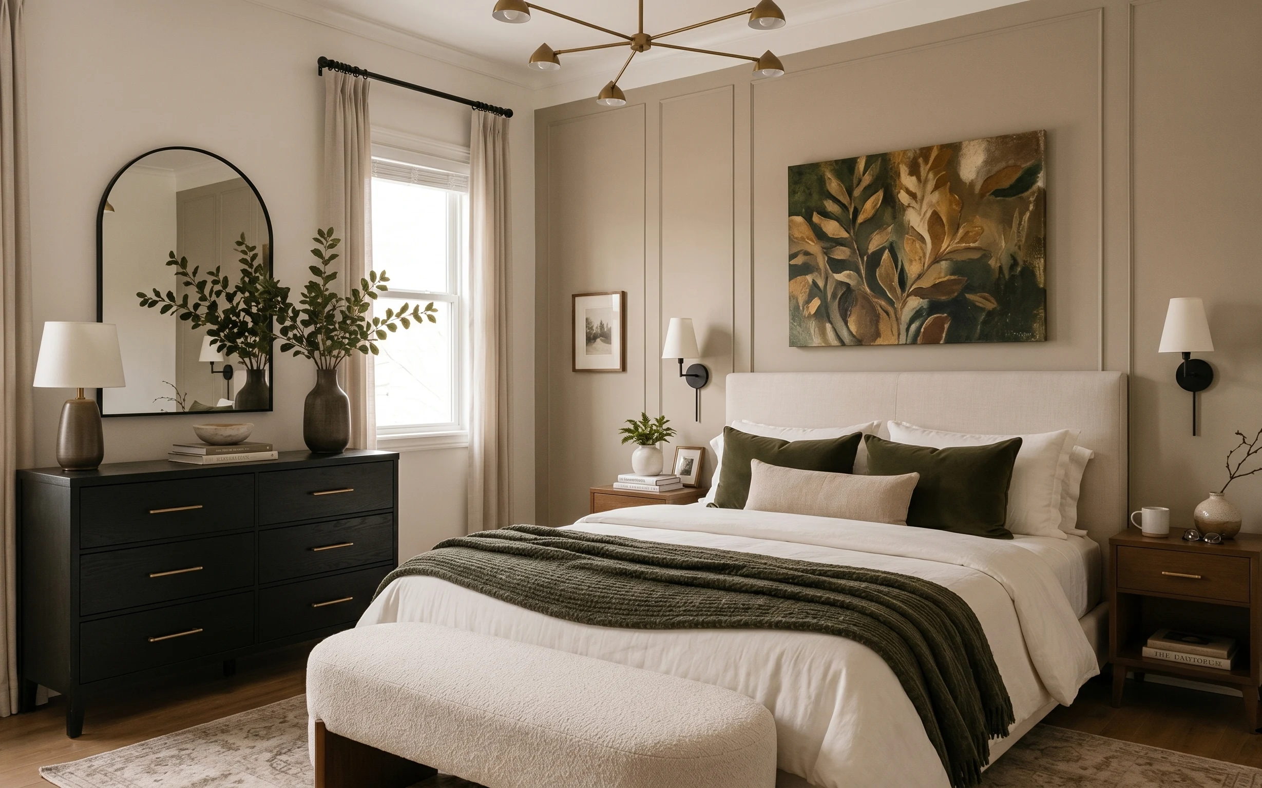 Japandi bedroom with neutral rug, olive throw, beige curtains, arched mirror, framed botanical art, and two lamps