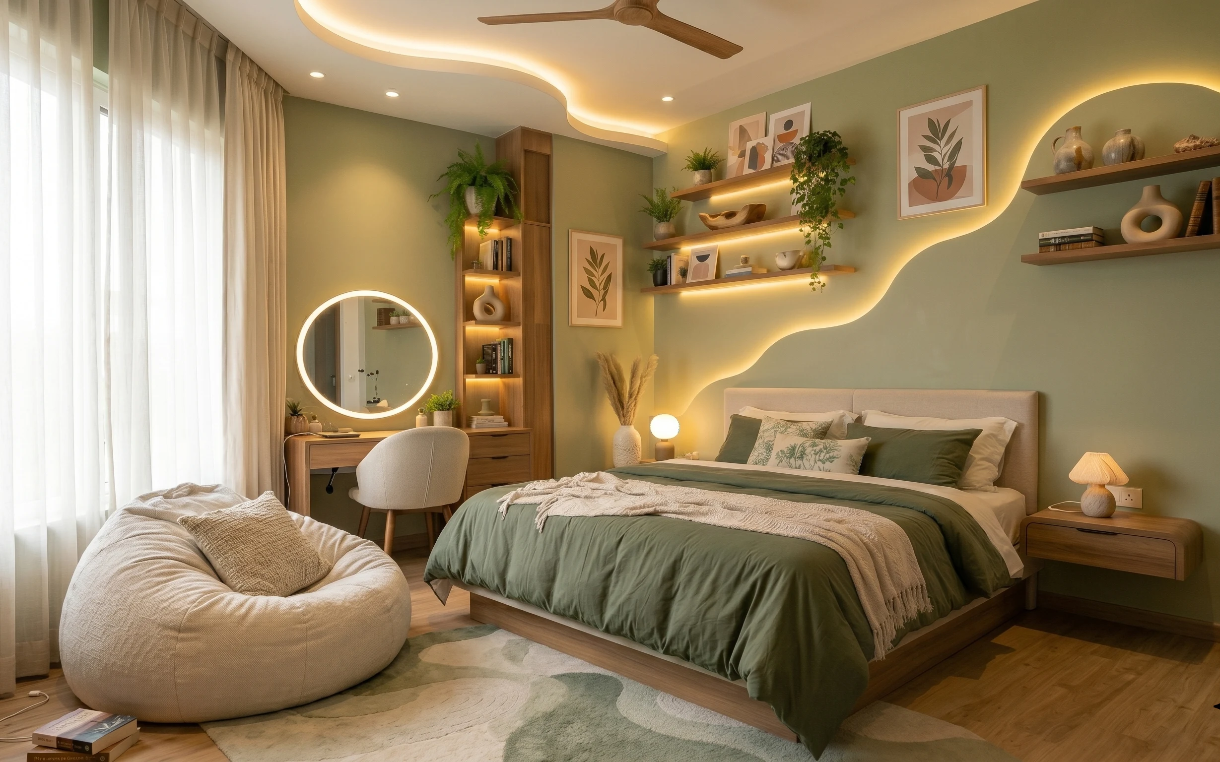 Warm japandi bedroom with sage bedding, light green rug, sheer curtains, framed botanicals, and bedside table lamp