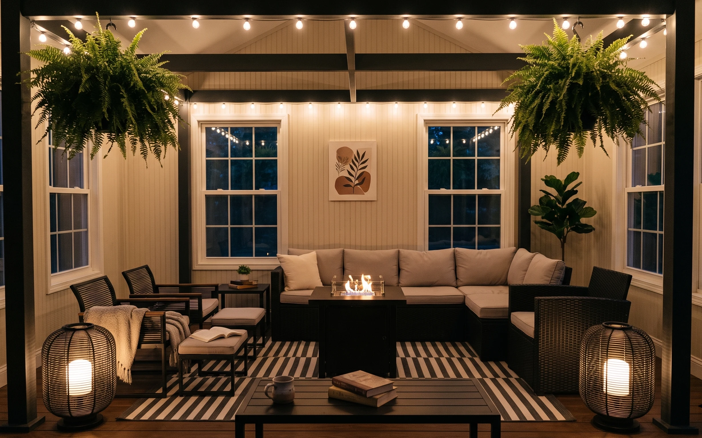 Warm patio lounge with black sectional, striped rug, candles, string lights, and potted ferns against a paneled wall.