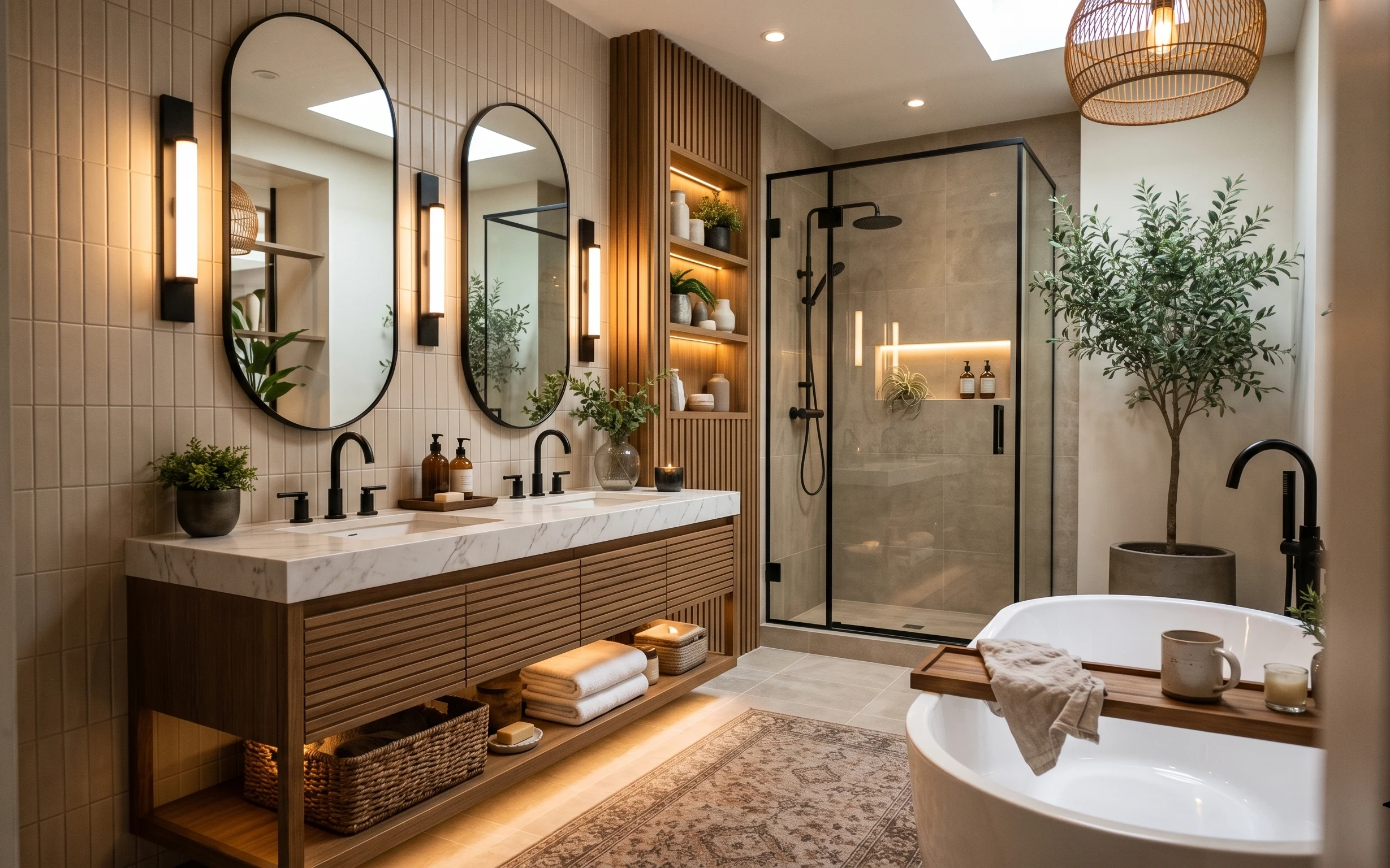 Warm modern bathroom with wood vanity, marble counters, area rug, towels, candles, and plants near a glass shower
