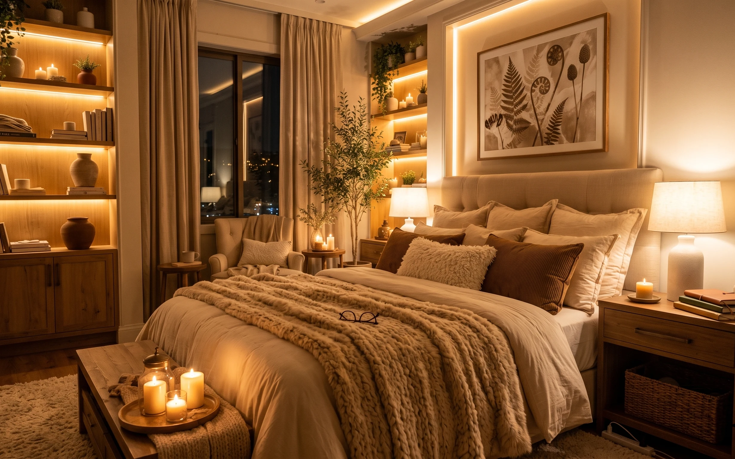 Warm lamp-lit bedroom with cream rug, brown curtains, framed botanical art, potted plant, and a bed with layered throws