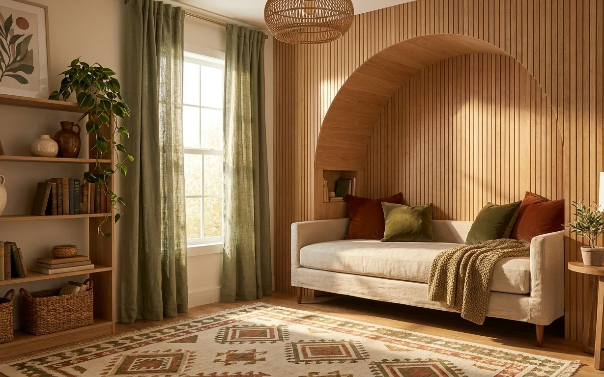 Warm wood arched bed alcove styled with olive curtains, a patterned floor rug, a beige-shade bedside lamp, and a framed leaf print