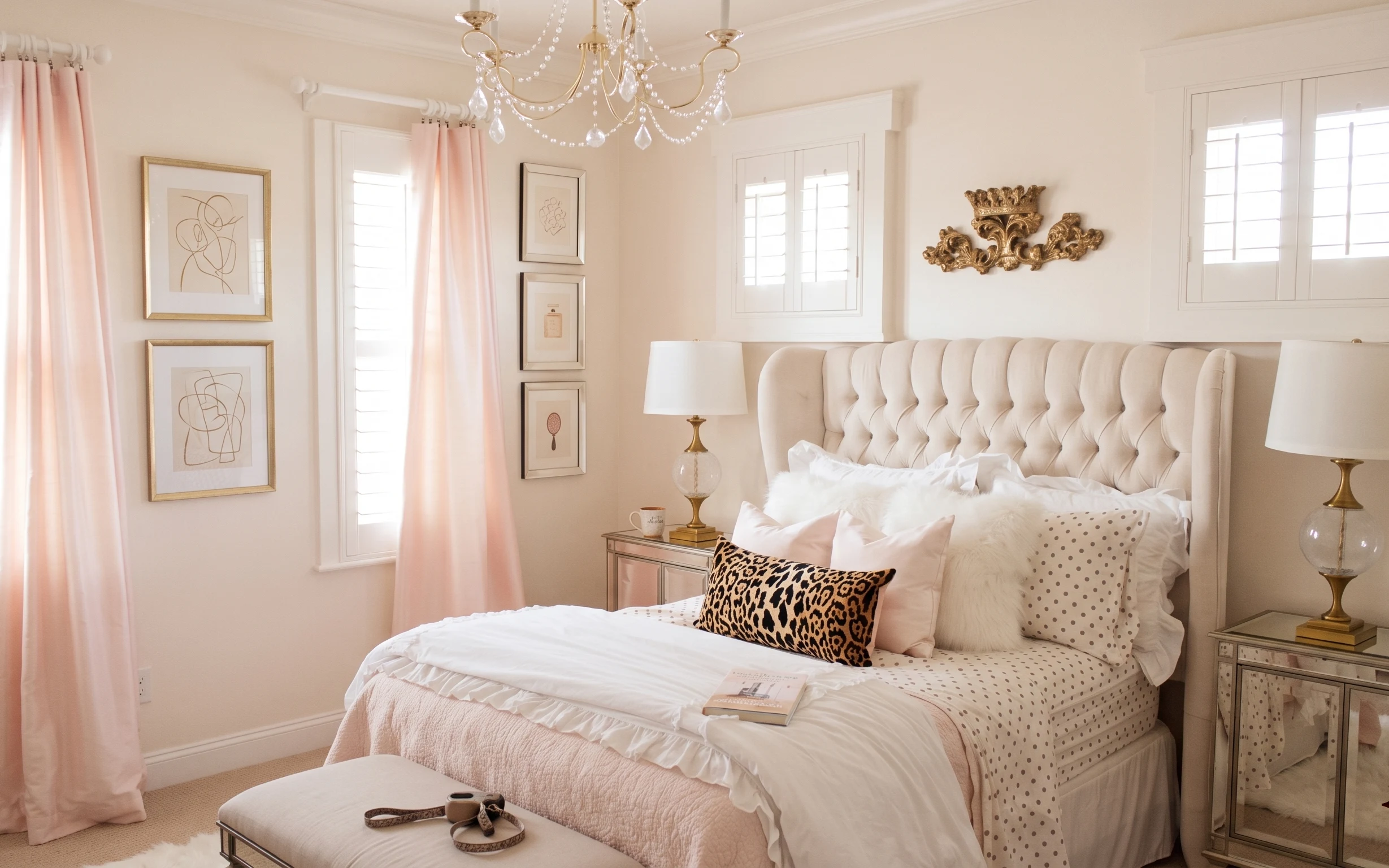 Bright bedroom with pink curtains, tufted bed, gold mirror, crystal ceiling light, and leopard print pillow