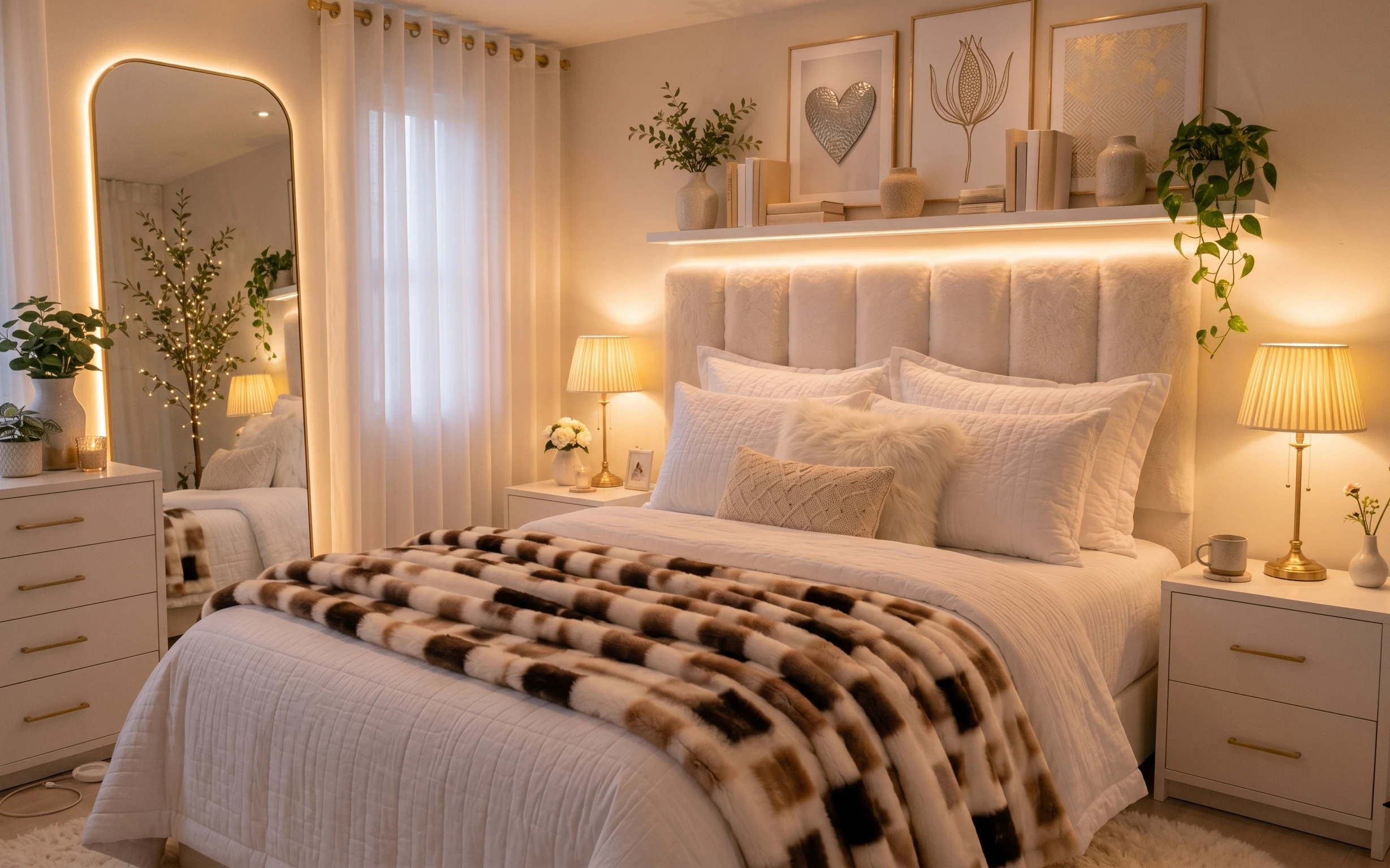 Warm bedroom scene with white bed, leopard throw, brass table lamps, arched mirror, and glowing floating shelf