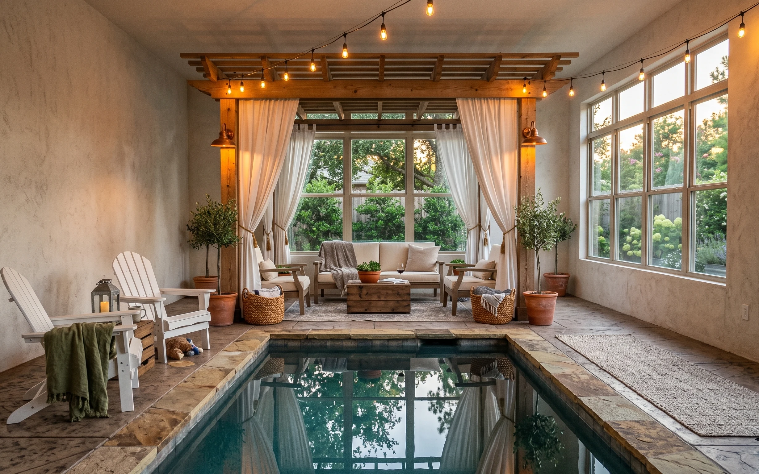 Poolside sitting room with white sofa, wood beams, cream curtains, warm string lights, terracotta planters, and a cream rug