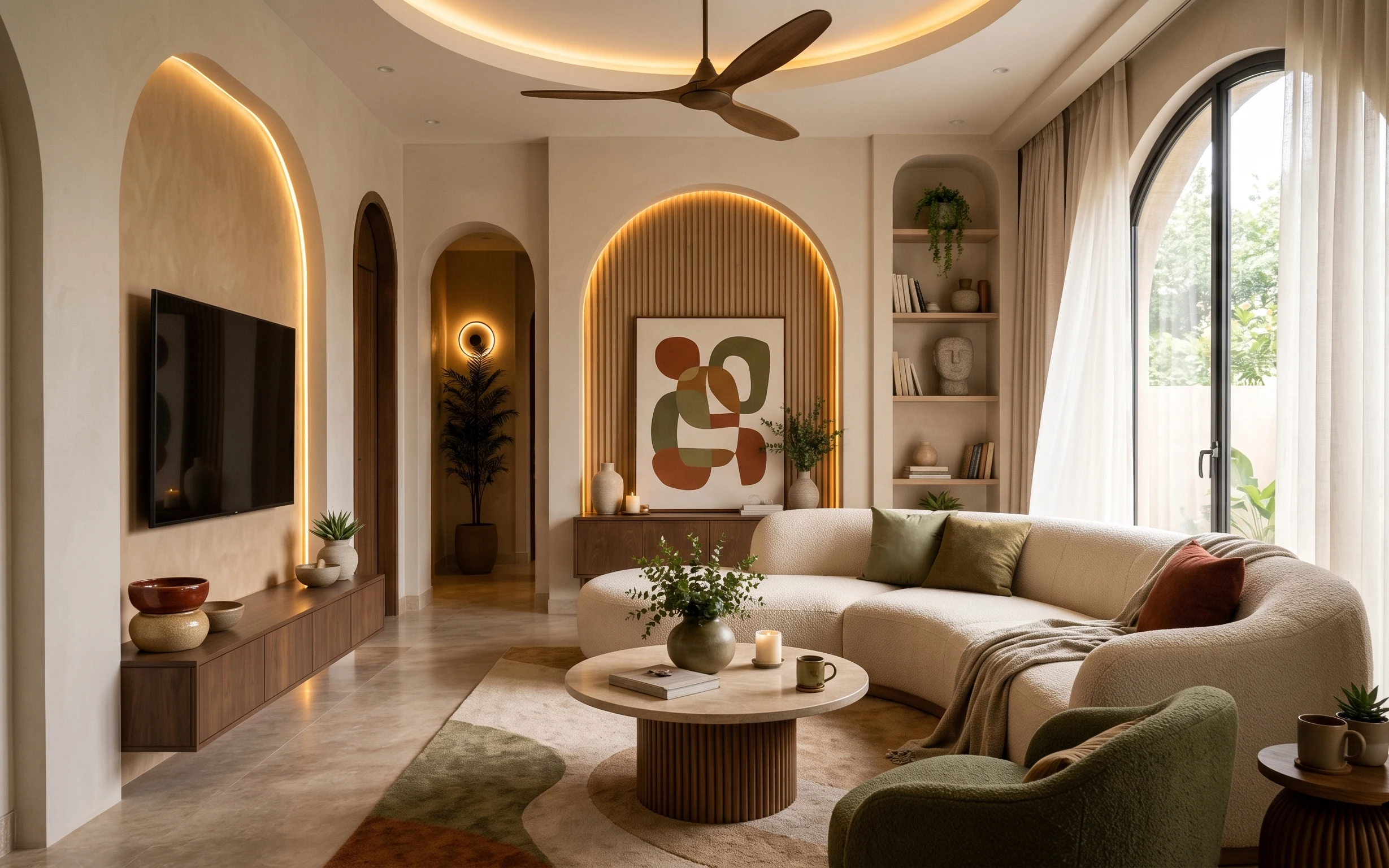 Beige sectional sofa with olive pillows, round wood coffee table, framed abstract art, and warm ambient candles in an arched living room