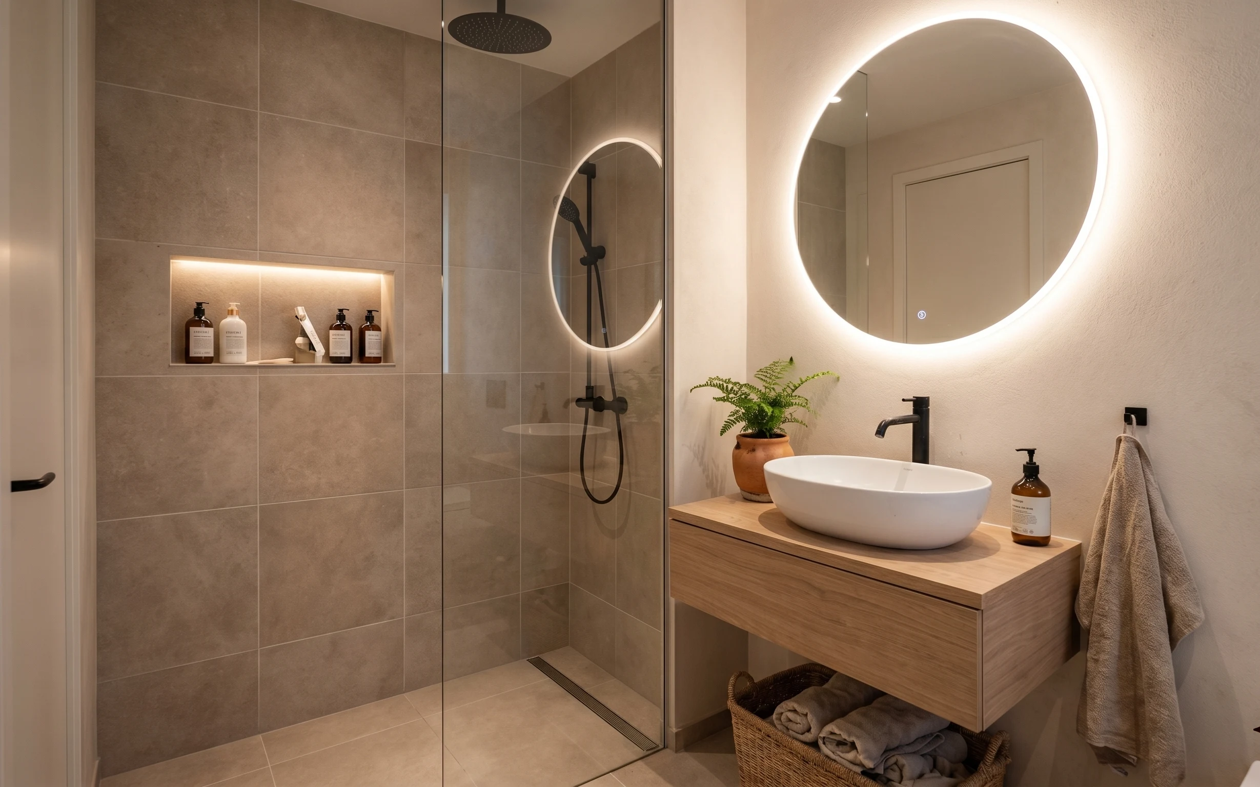 Spa-like bathroom with beige stone-look tile, backlit circular mirror, wood vanity, terracotta fern pot, and glass shower