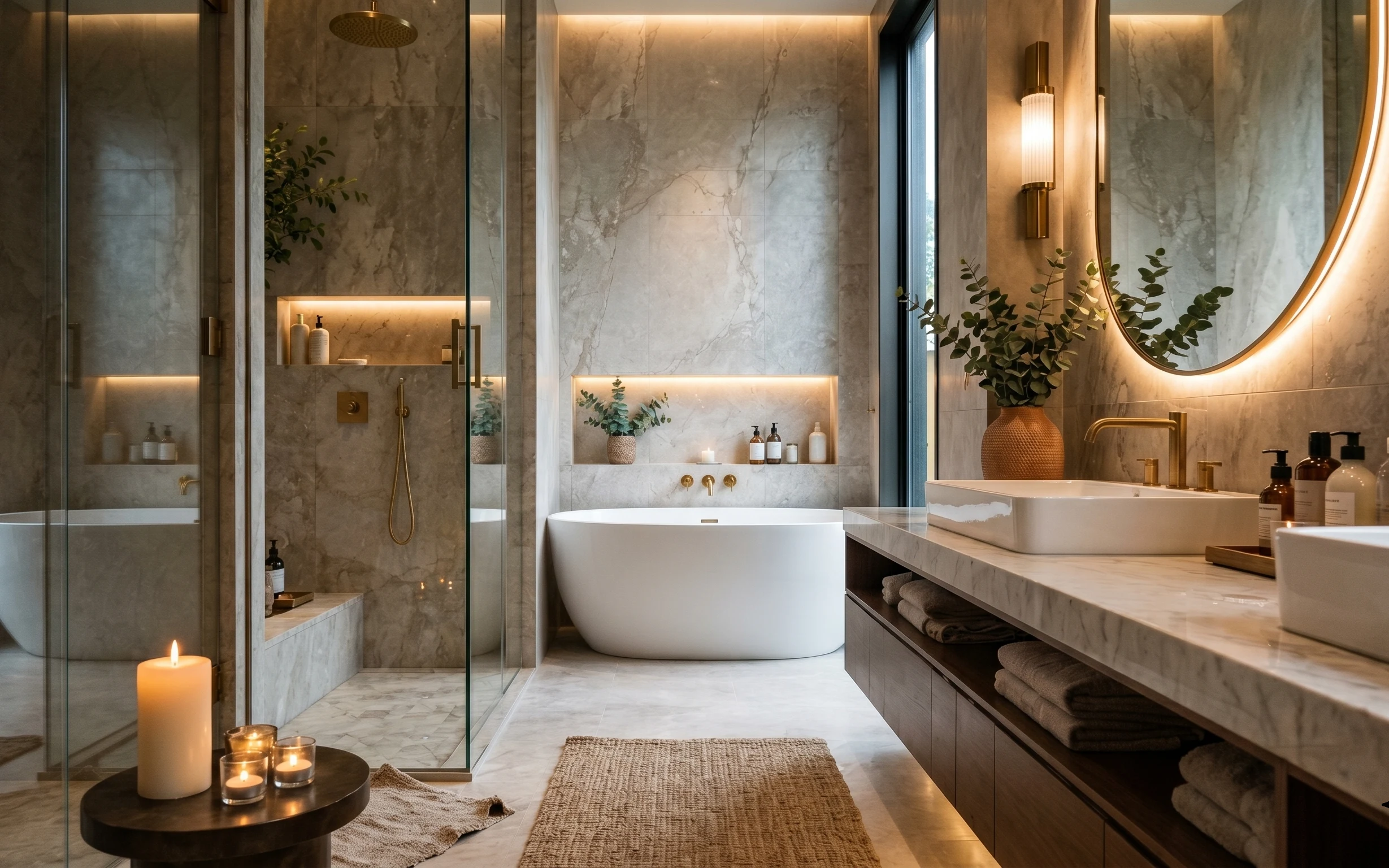 Warm marble-look bathroom with oval mirror, brass wall sconce, bathtub, vanity countertop, eucalyptus vase, and candles