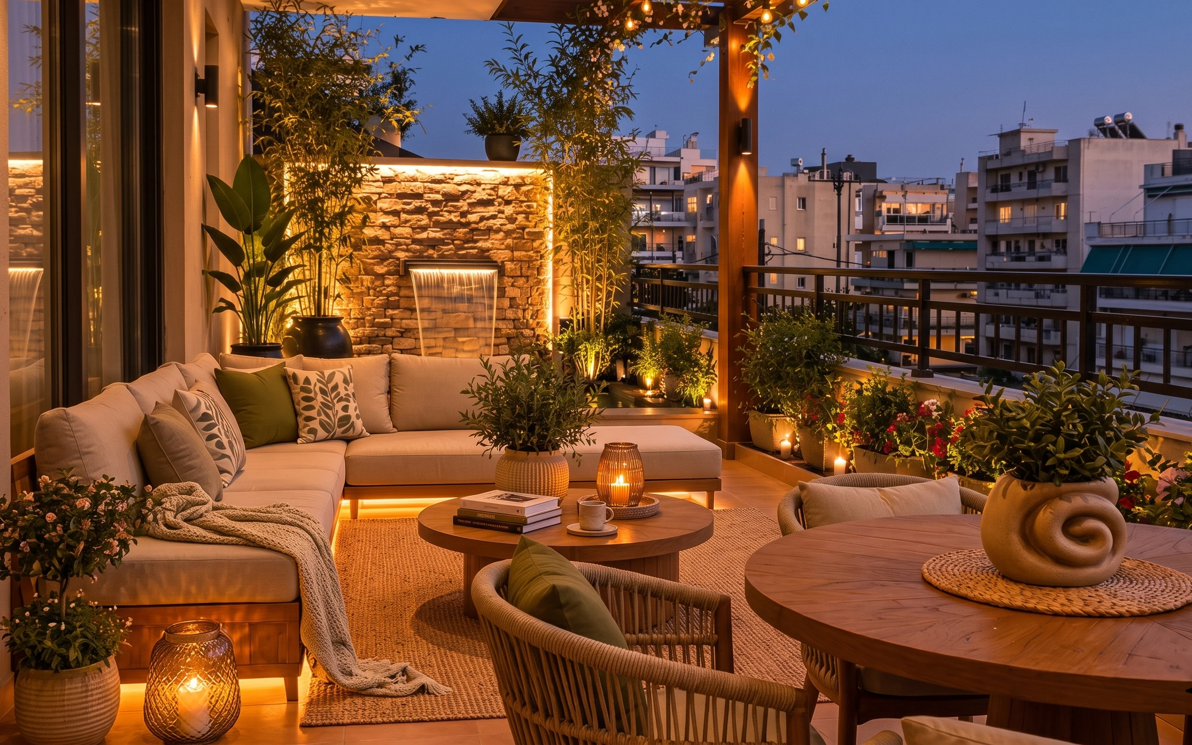 Warm outdoor lounge with jute rug, cream throw, leaf-print pillows, string lights, lantern candles, and terracotta planters