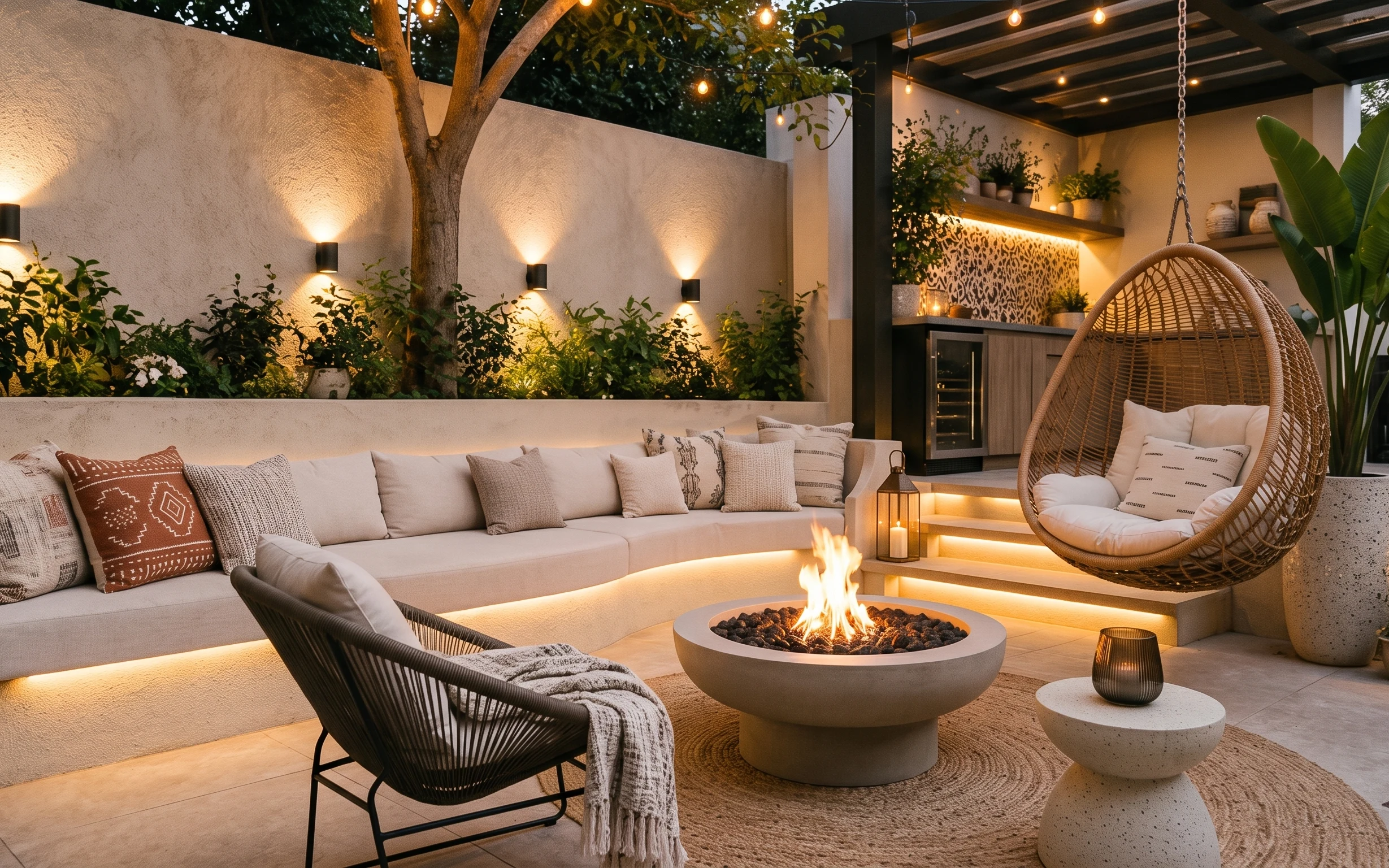 Warm-lit outdoor patio with a sofa, woven hanging chair, string lights, wall sconces, plants, and a round concrete fire pit