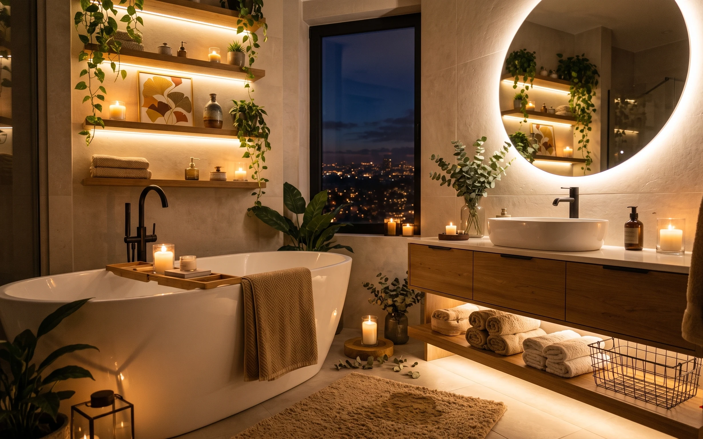 Spa-like bathroom with round mirror, floating shelf lighting, plants, candles, and rolled towels