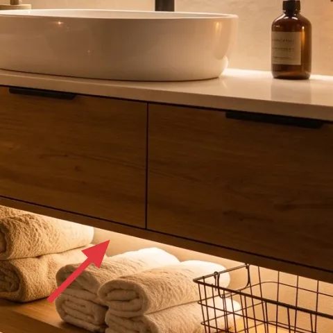 rolled bath towels on the shelf ledge