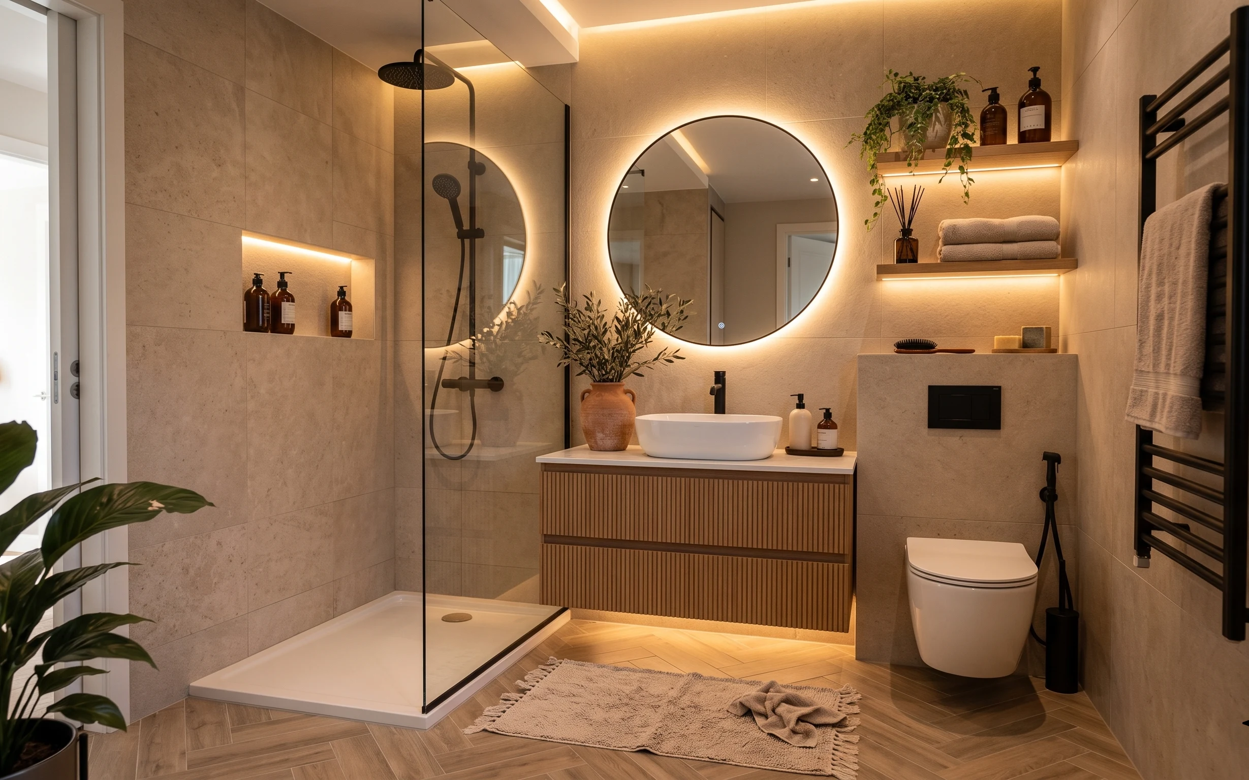 Spa-style bathroom with backlit round mirror, terracotta plant, vanity counter bottles, towels on ladder, and beige bath rug