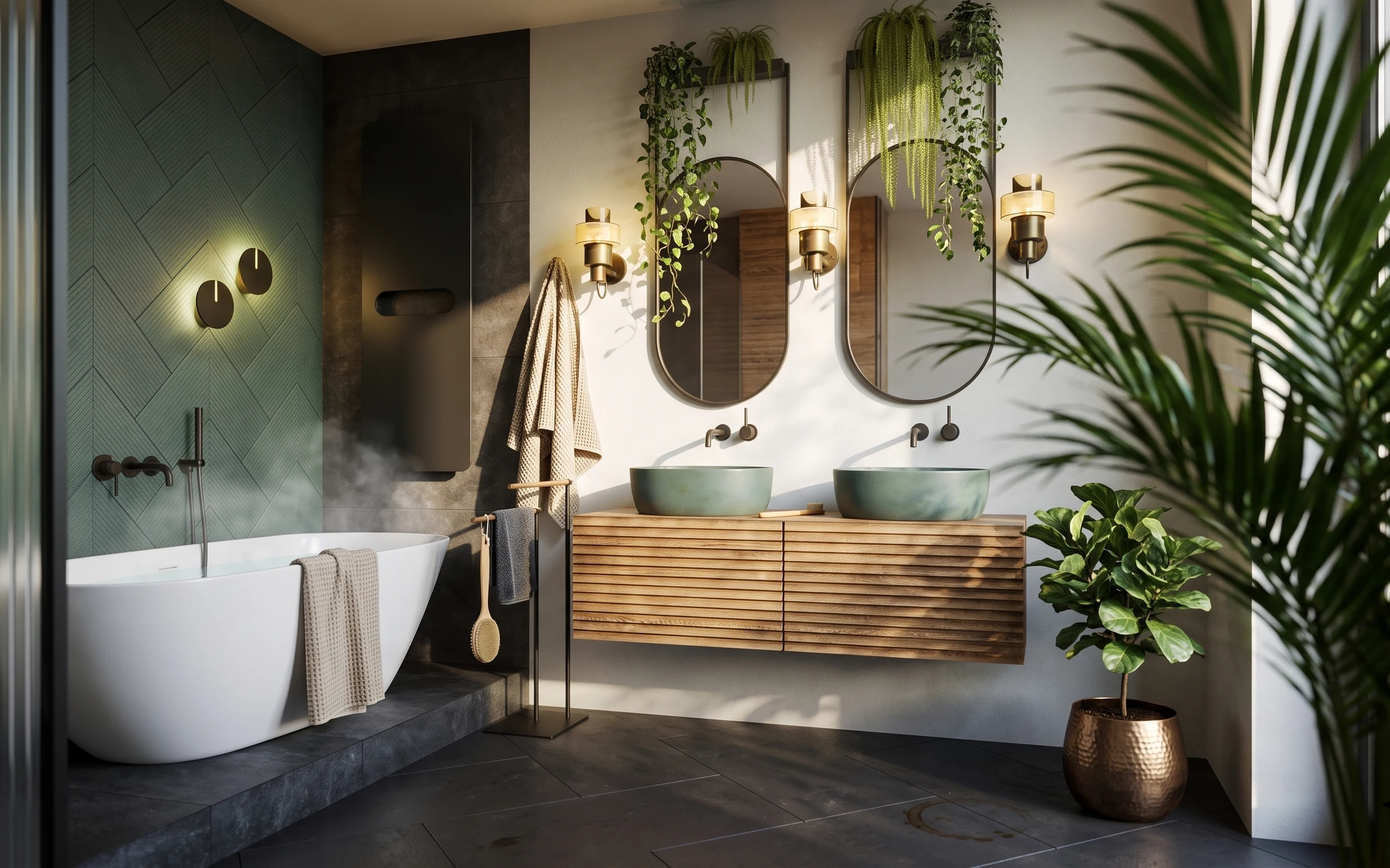 Spa bathroom with seafoam basins, arched mirrors, gold sconces, layered towels, and hanging greenery