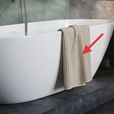 White bath towel draped over bathtub ledge