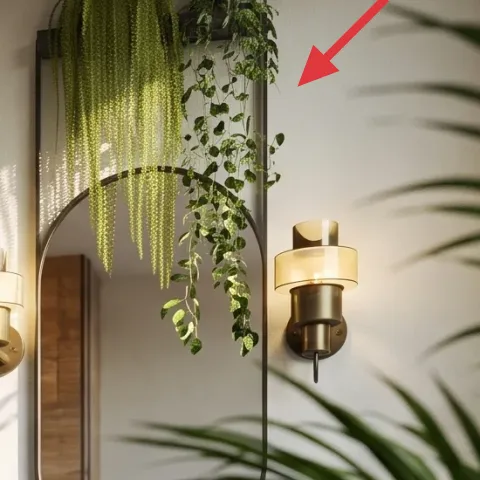 Hanging leafy plant above the mirrors