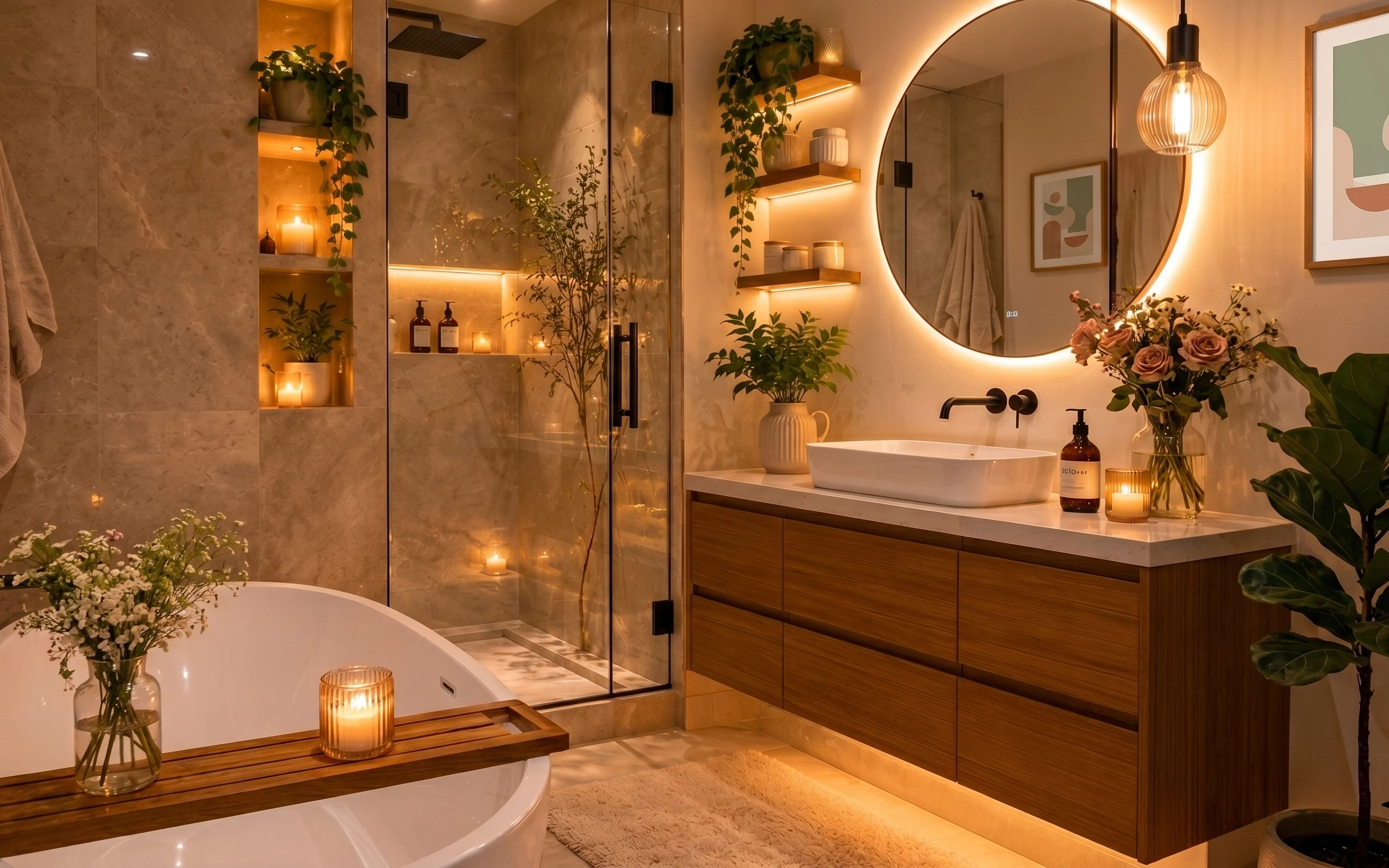 Warm bathroom spa corner with glass shower, round mirror glow, framed art, candle jar, flowers in a glass vase, and leafy plant