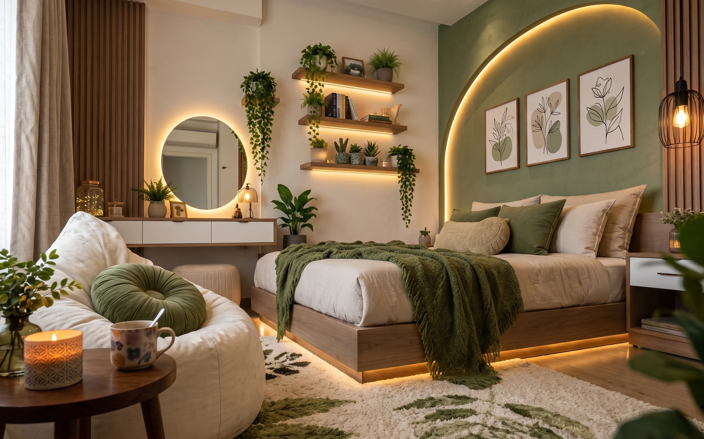 Bedroom bed-and-vanity corner with sage textiles, off-white rug, framed botanical prints, and warm plug-in lighting