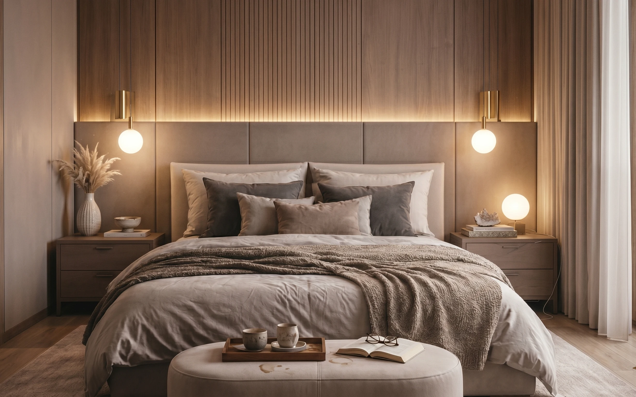 Warm taupe bed nook with layered white and gray linens, globe lamp, dried pampas, and vertical paneling wall