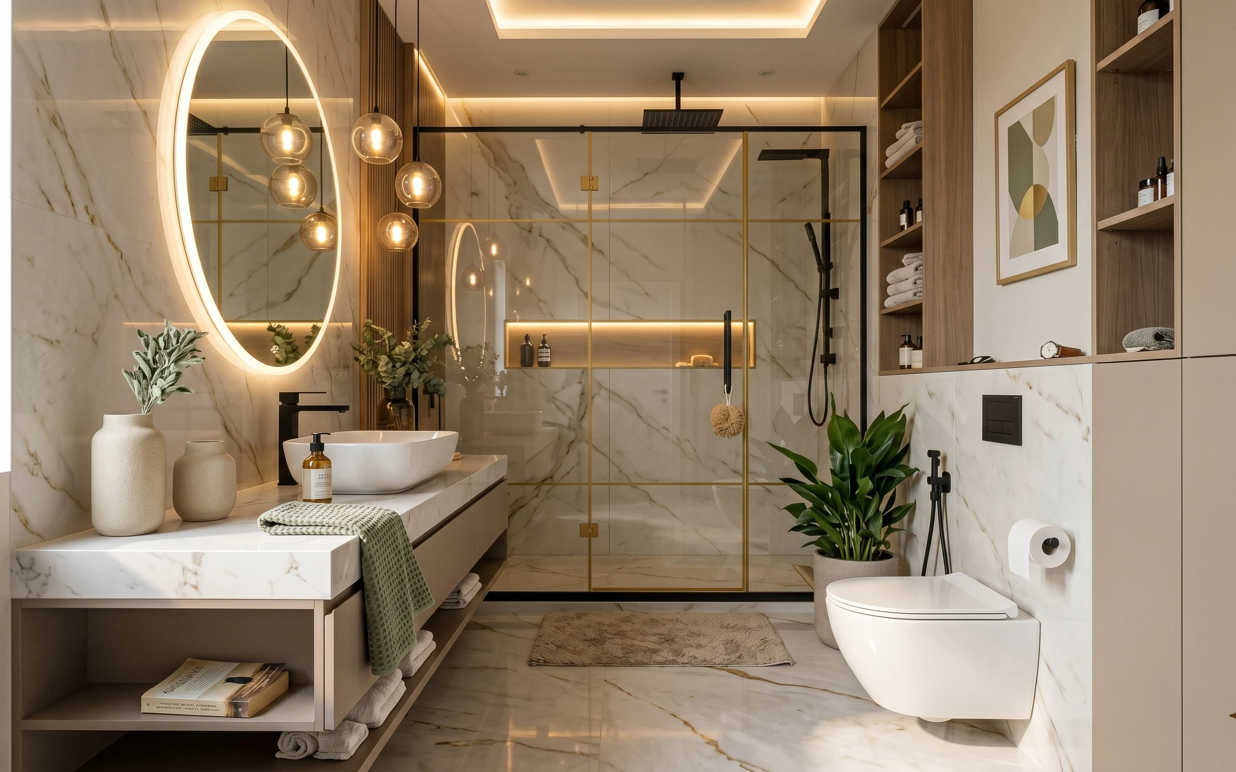 Spa bathroom with marble-look tile, warm vanity mirror light, framed abstract art, towels, plants, and countertop styling